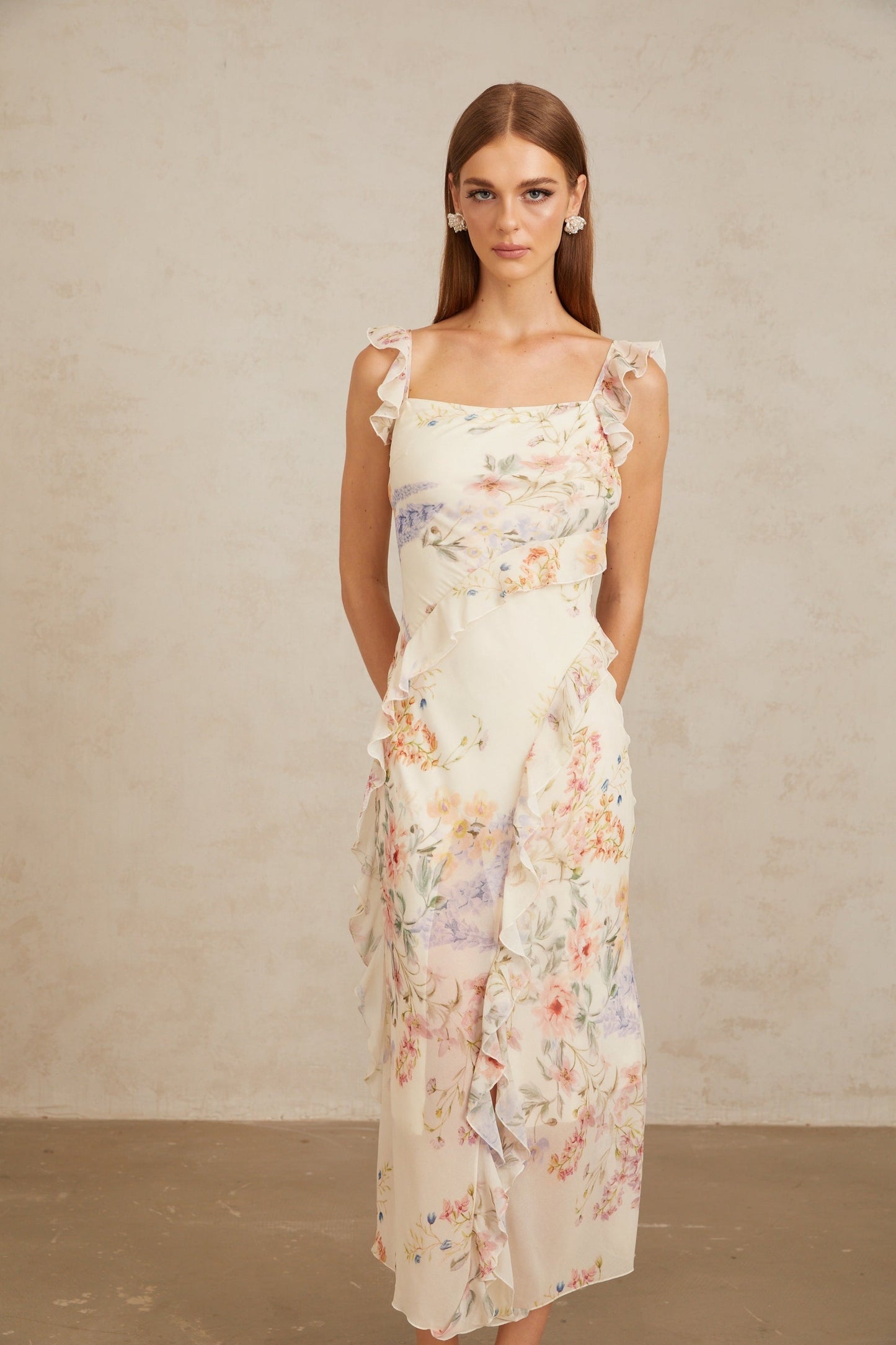 Gratia Light Yellow Ruffled Floral Print Midi Dress
