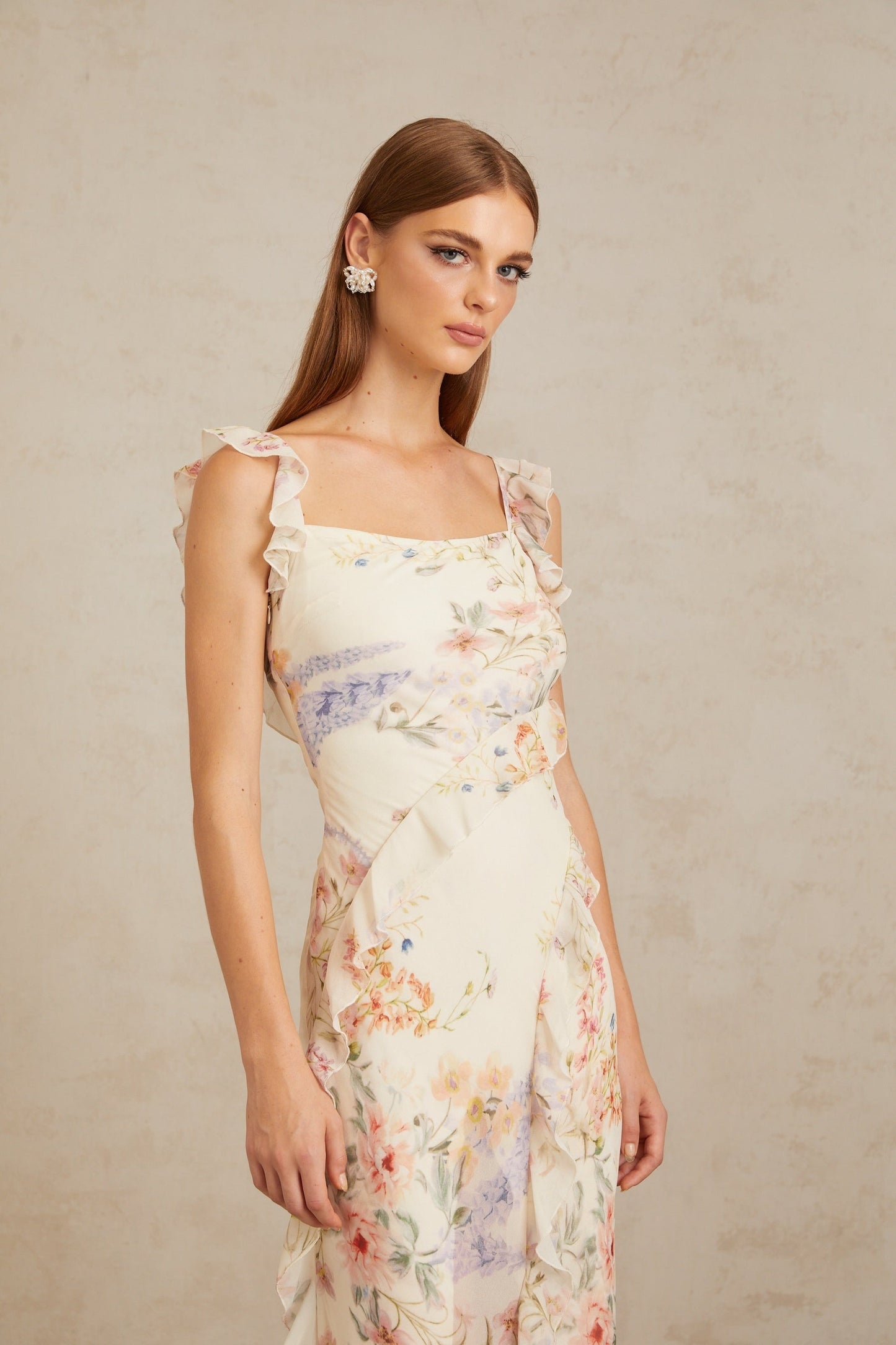 Gratia Light Yellow Ruffled Floral Print Midi Dress