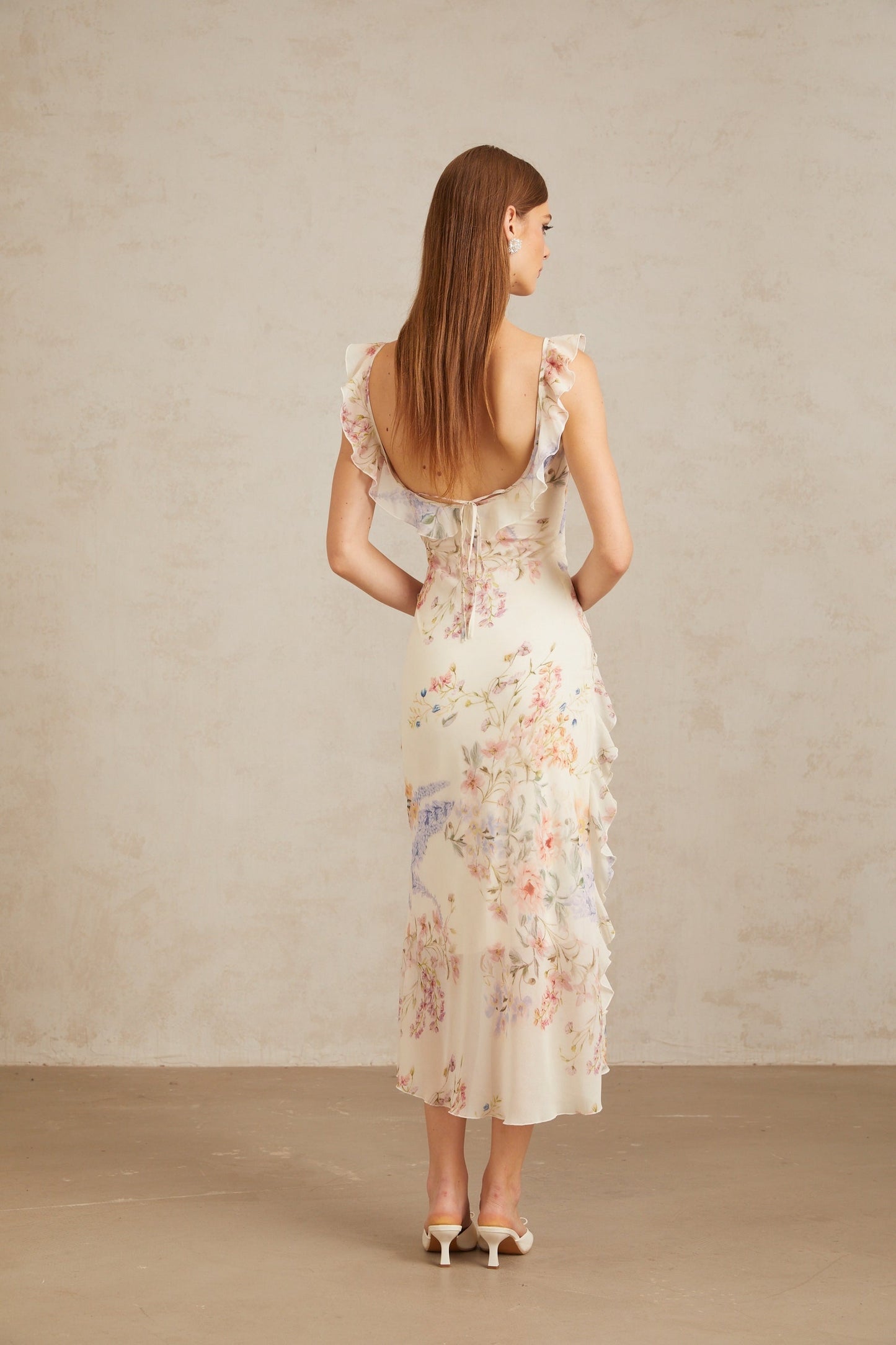 Gratia Light Yellow Ruffled Floral Print Midi Dress