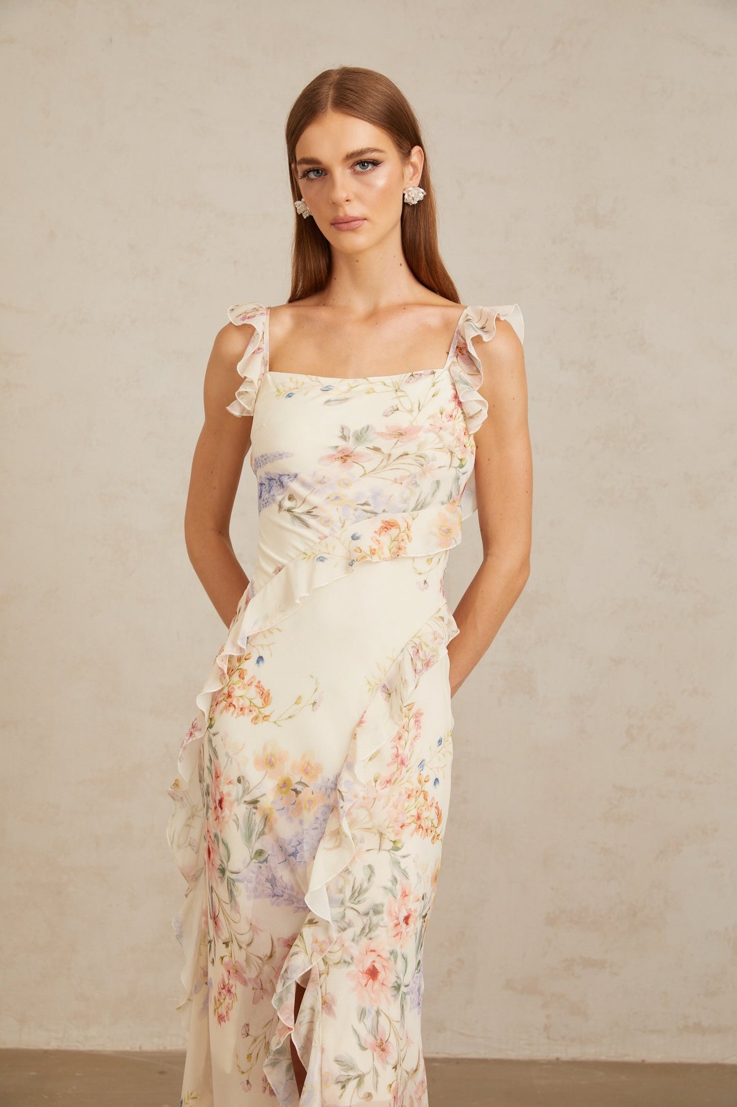 Gratia Light Yellow Ruffled Floral Print Midi Dress