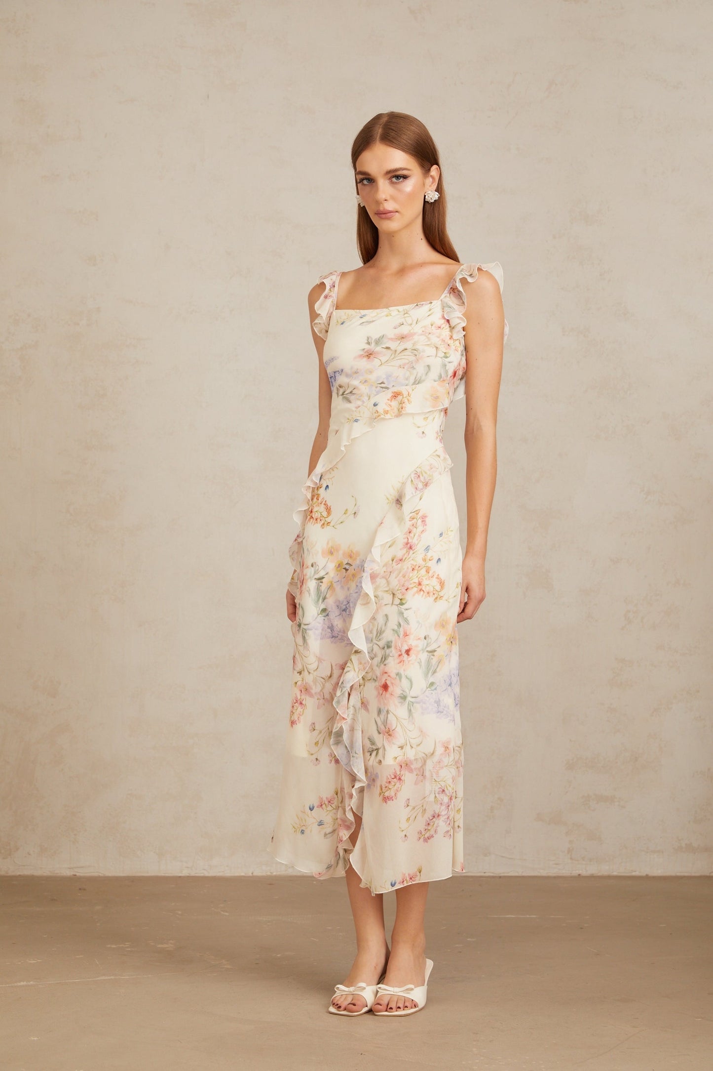 Gratia Light Yellow Ruffled Floral Print Midi Dress