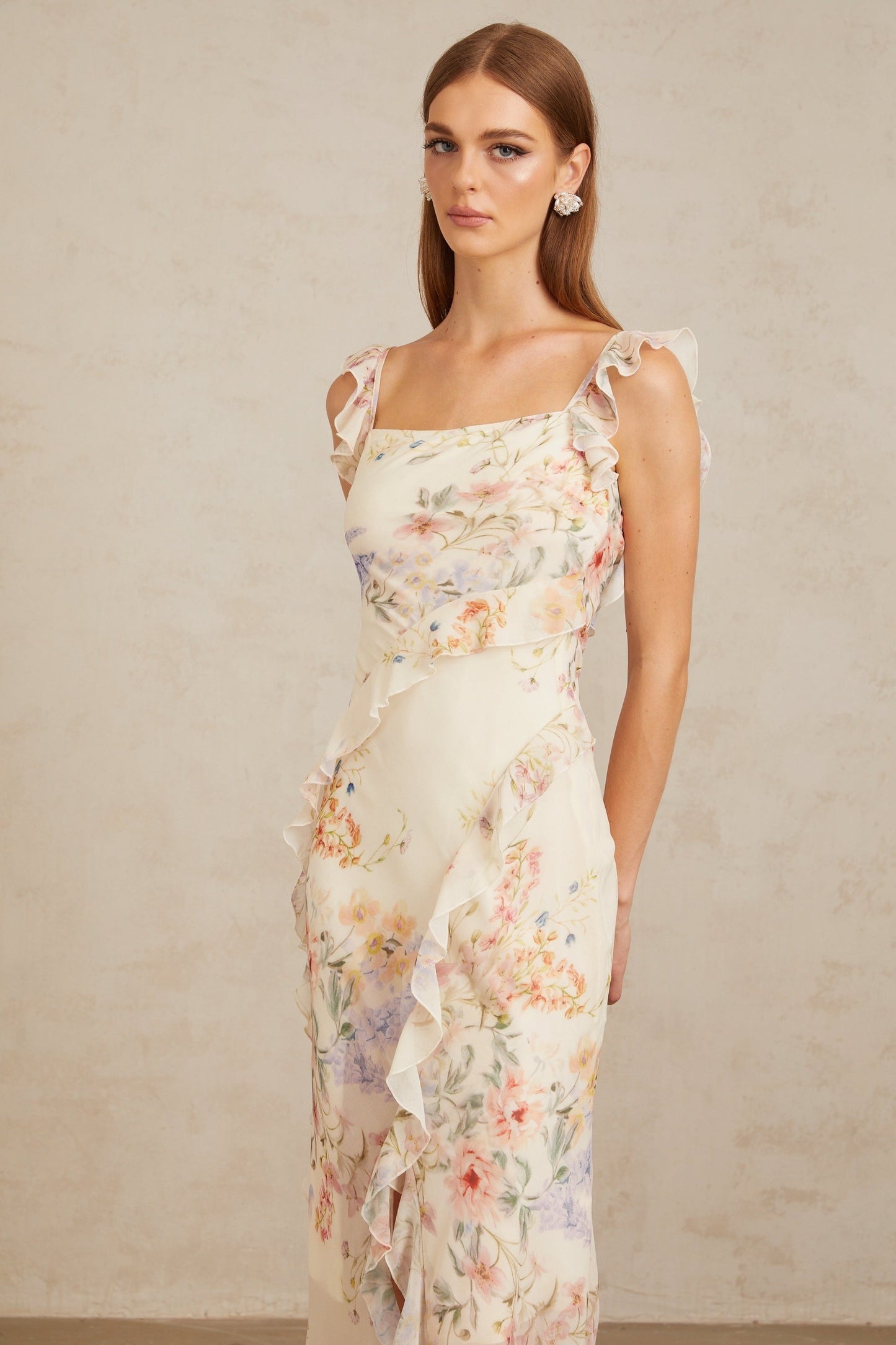 Gratia Light Yellow Ruffled Floral Print Midi Dress