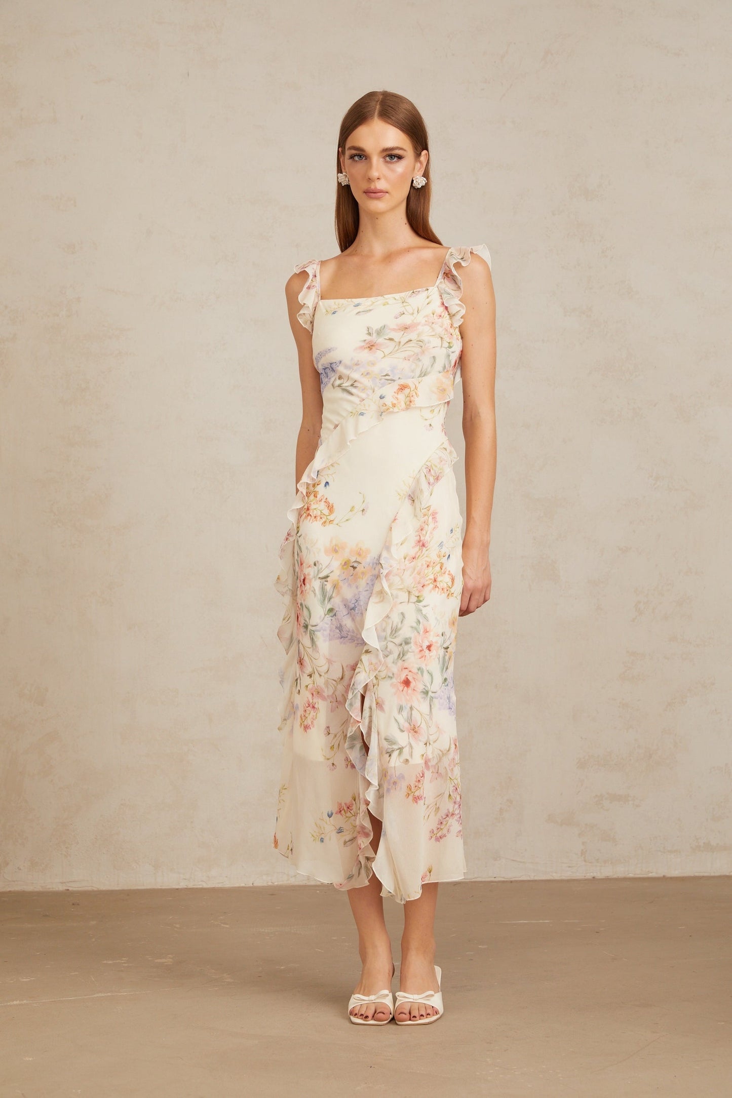 Gratia Light Yellow Ruffled Floral Print Midi Dress
