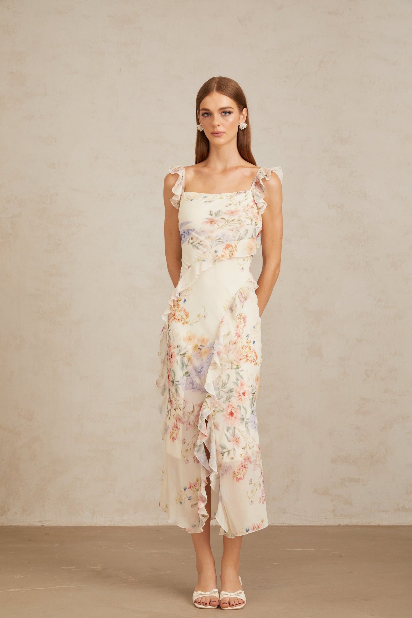 Gratia Light Yellow Ruffled Floral Print Midi Dress