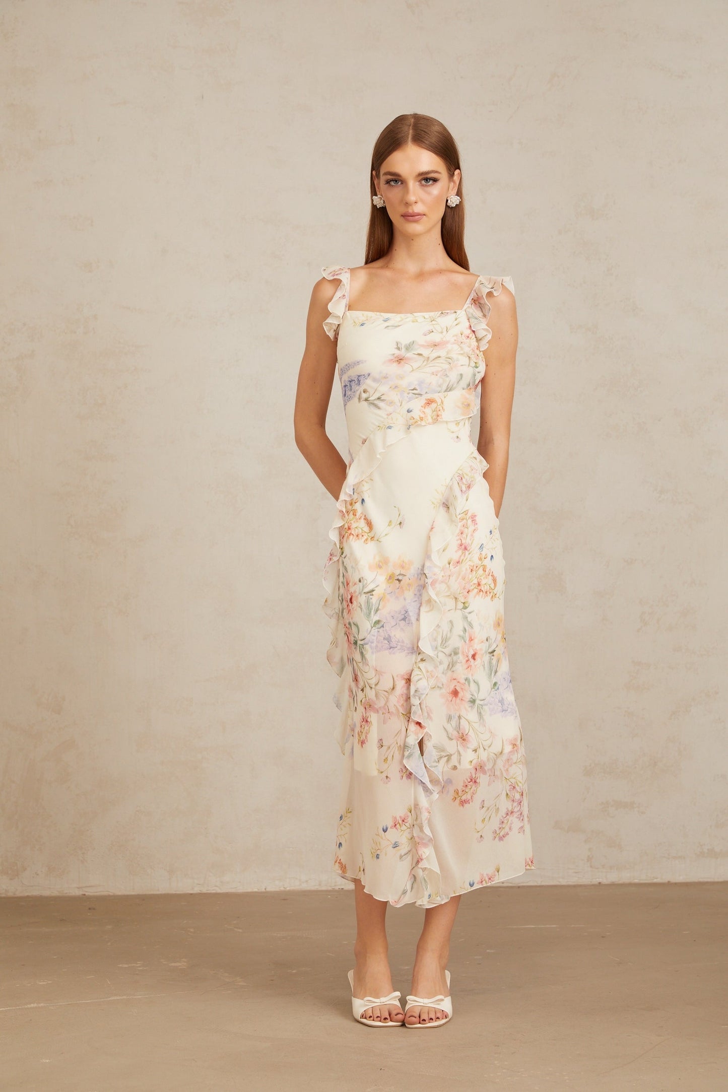 Gratia Light Yellow Ruffled Floral Print Midi Dress