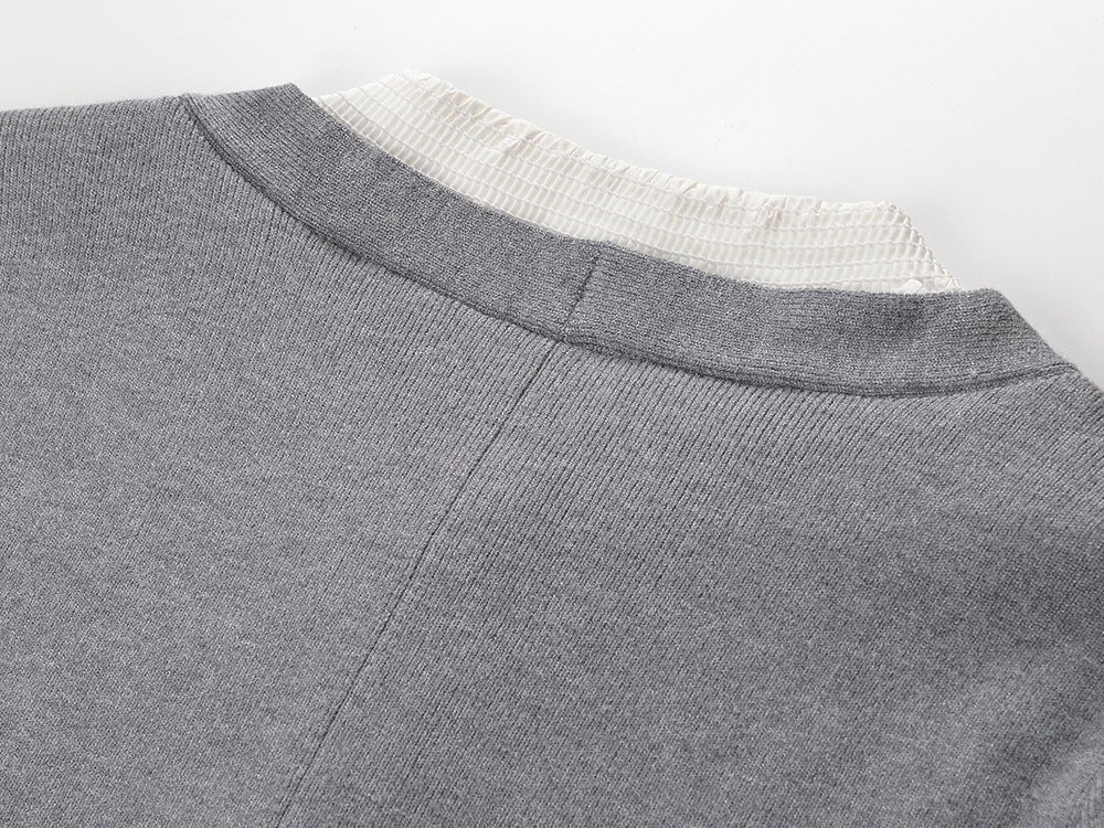 Gray A-Line Dress with White Ruffle Details and Black Bow Accent