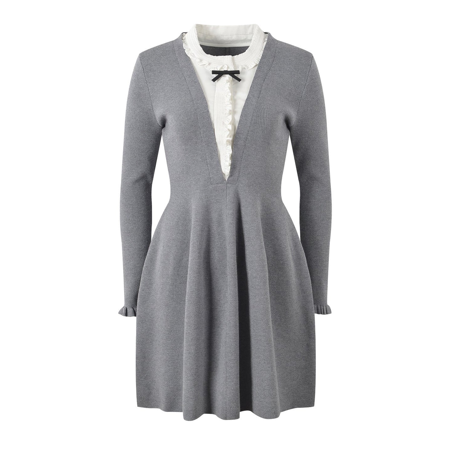 Gray A-Line Skirt with White Ruffle Details