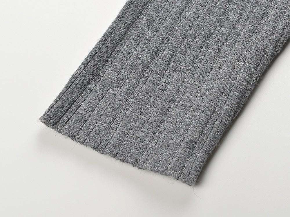 Gray Ribbed Knit High Neck Long Sleeve Top with Decorative Knots