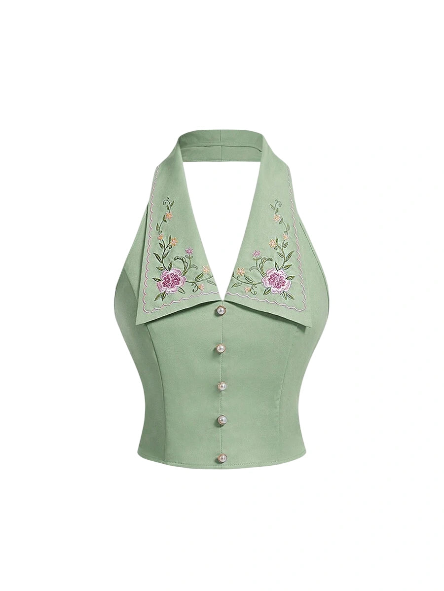 Green Floral Embroidered Short Ladies Crop Top TurnDown Collar V Neck Spring Summer Blouse Back To