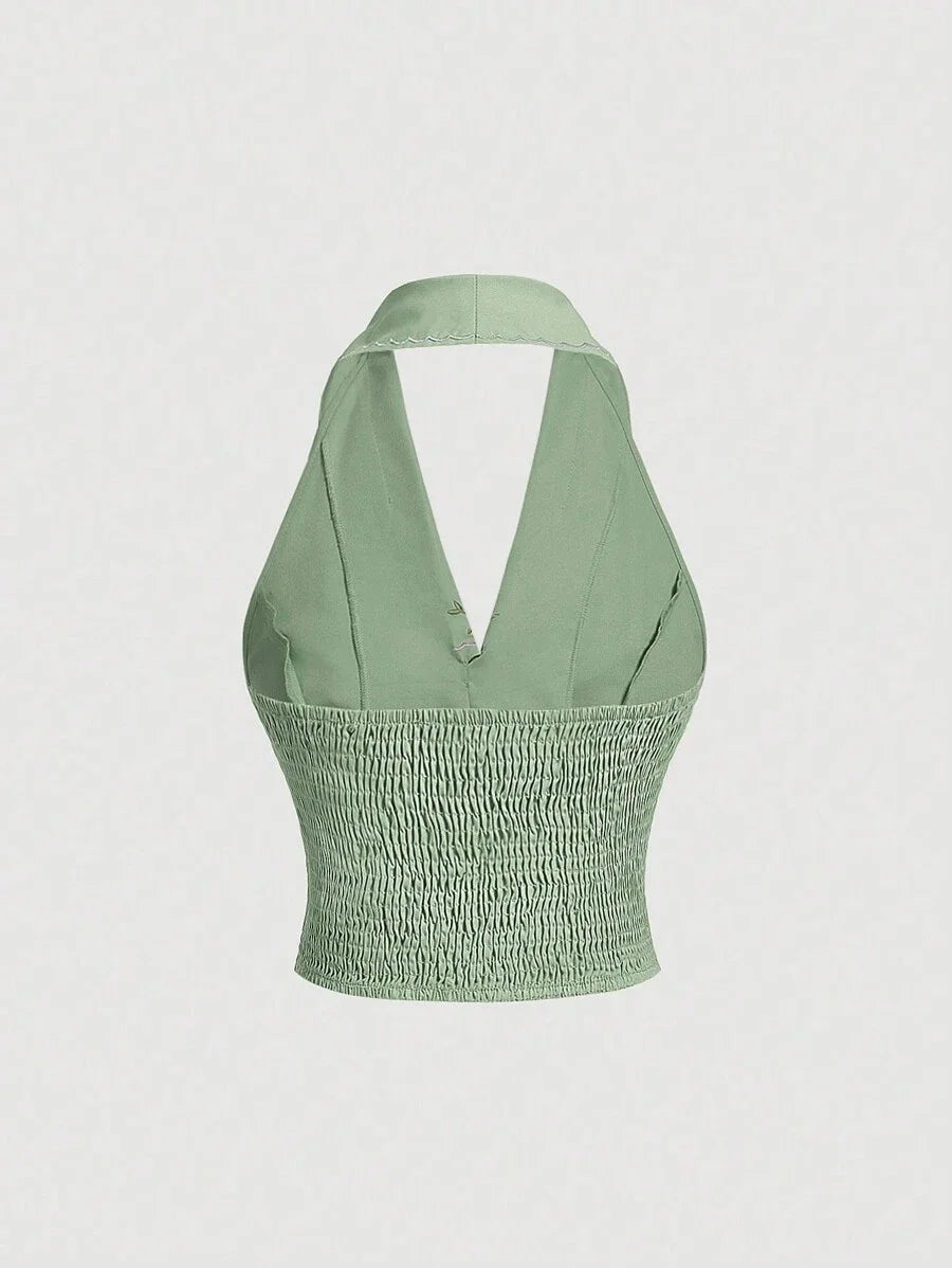 Green Floral Embroidered Short Ladies Crop Top TurnDown Collar V Neck Spring Summer Blouse Back To
