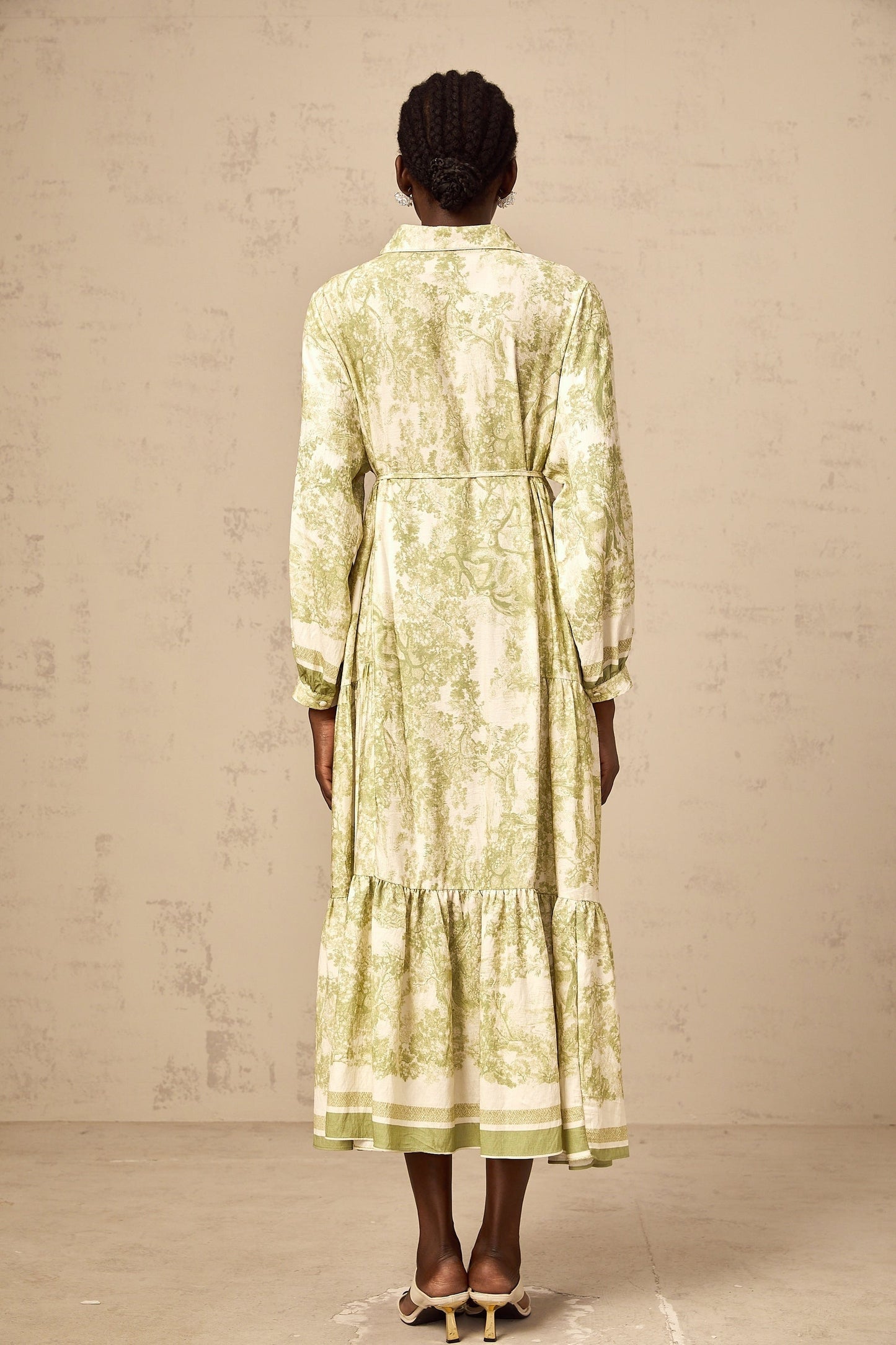 Green midi dress with graphic print pattern named Adelaide