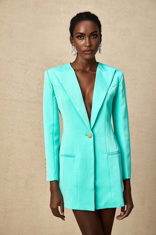 Green mini blazer dress with cinched waist and short length featuring Mya design