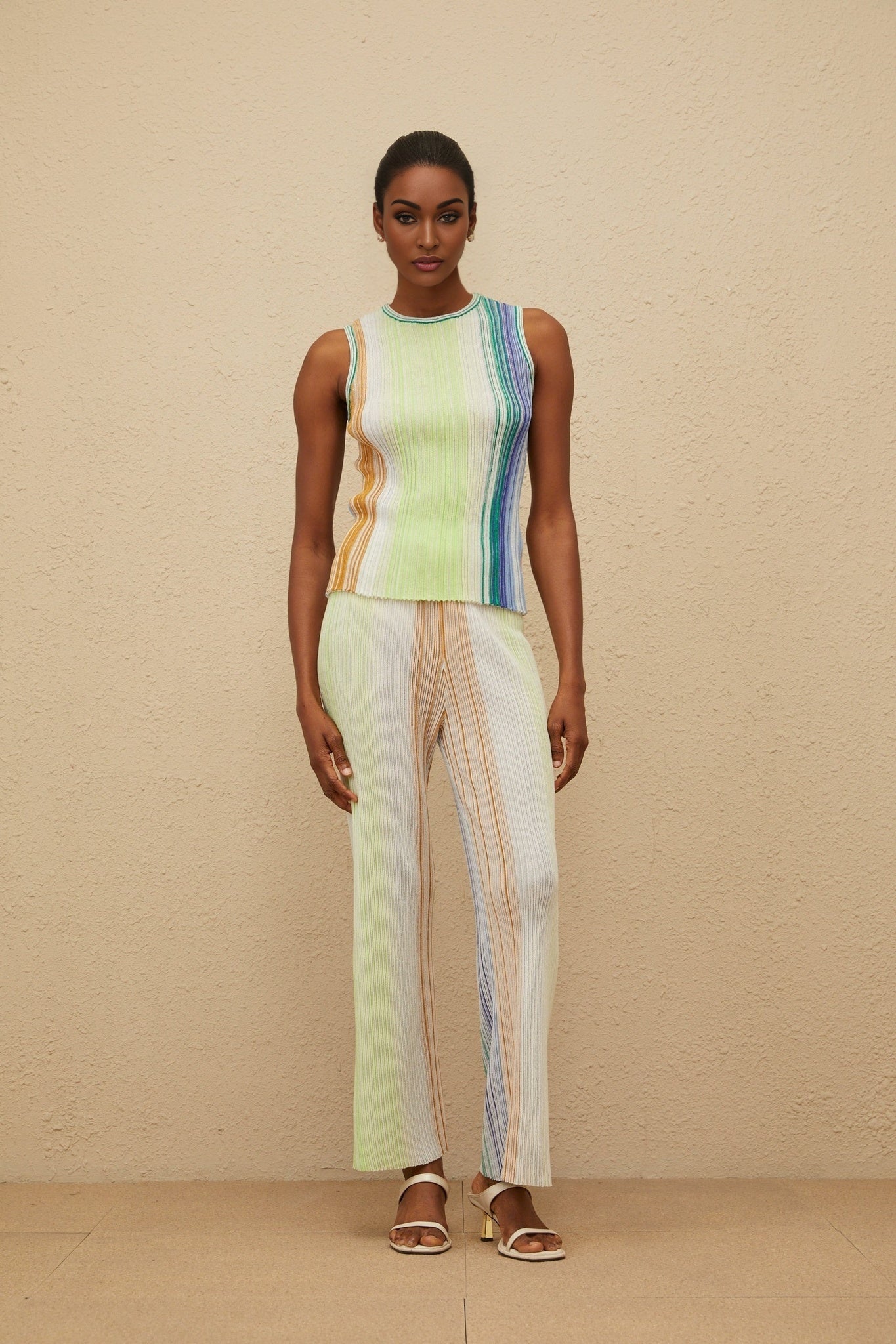 Green and Multicolor Knitted Sleeveless Top and Wide Leg Trousers with Metallic Threading and Glitter Detailing