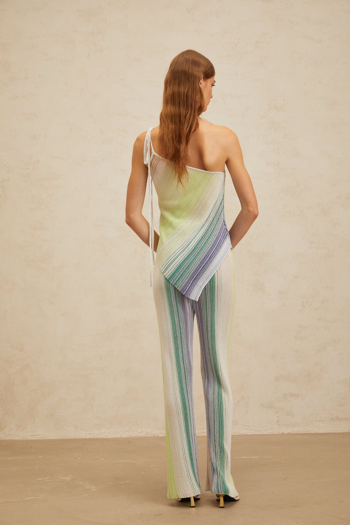Green Multicolor Knitted Sleeveless Top and Wide Leg Trousers with Metallic Threading and Sequin Embellishment