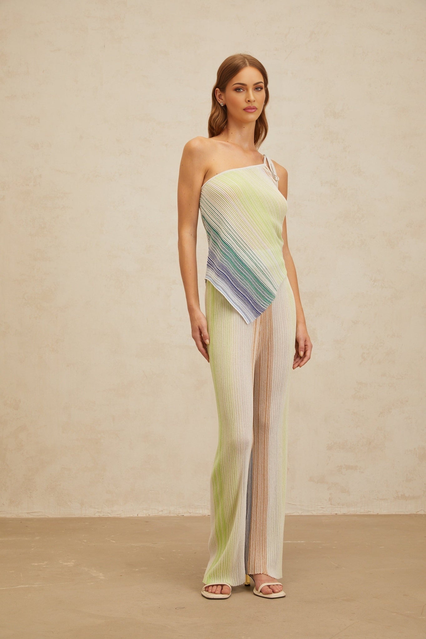 Green and Multicolor Knitted Sleeveless Top and Wide Leg Trousers with Metallic Threading and Sequin Embellishment