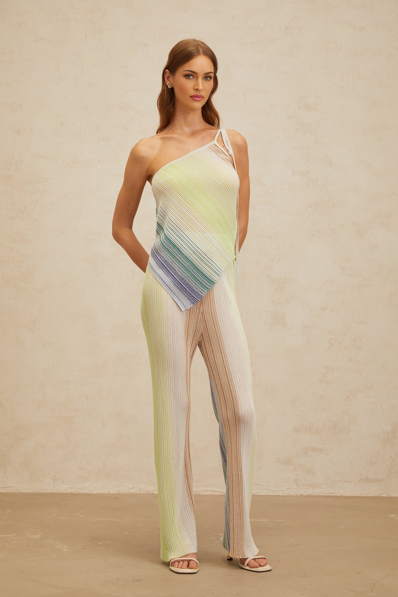 Green and Multicolor Knitted Sleeveless Top and Wide Leg Trousers Set with Metallic Threading and Sequin Embellishment
