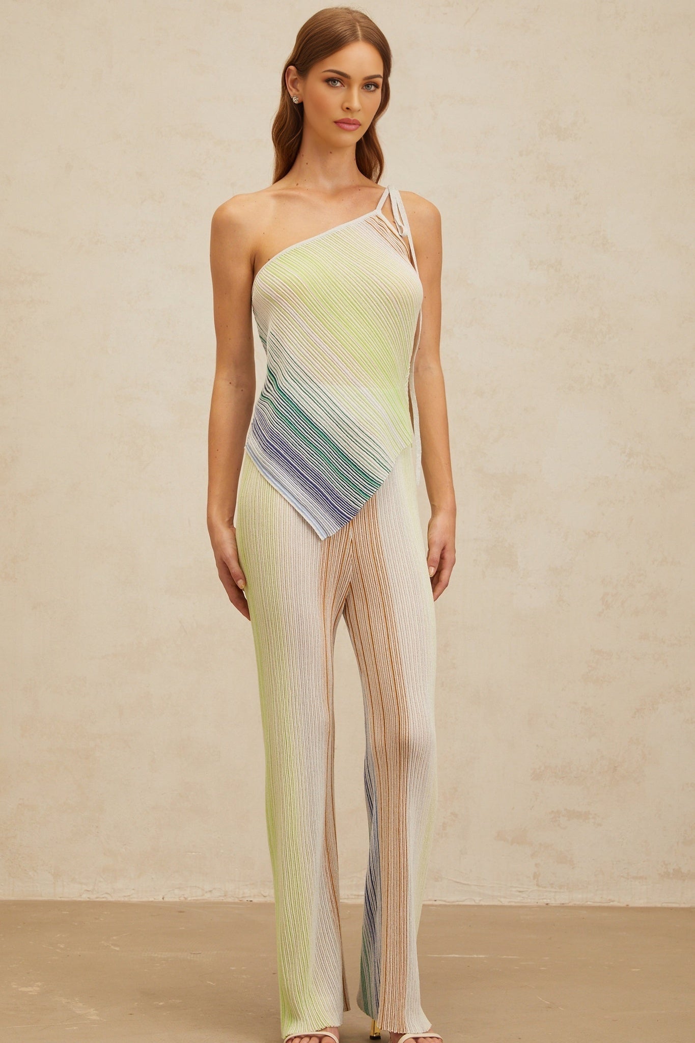 Green and Multicolor Knitted Sleeveless Top and Wide Leg Trousers with Metallic Threading and Sequin Embellishment