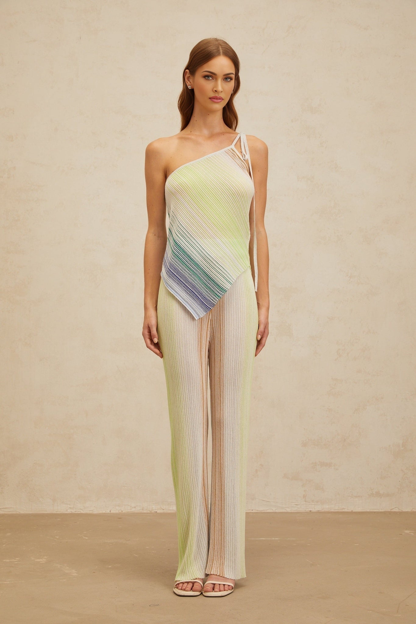 Green and Multicolor Knitted Top and Trousers Set with Metallic Threading and Sequin Embellishment