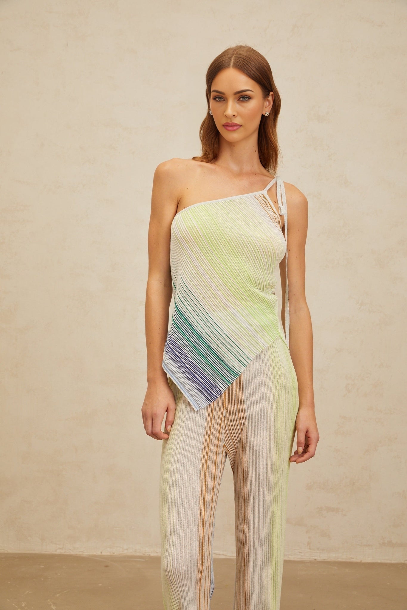 Green and Multicolor Knitted Top and Trousers Set with Metallic Threading and Sequin Embellishment