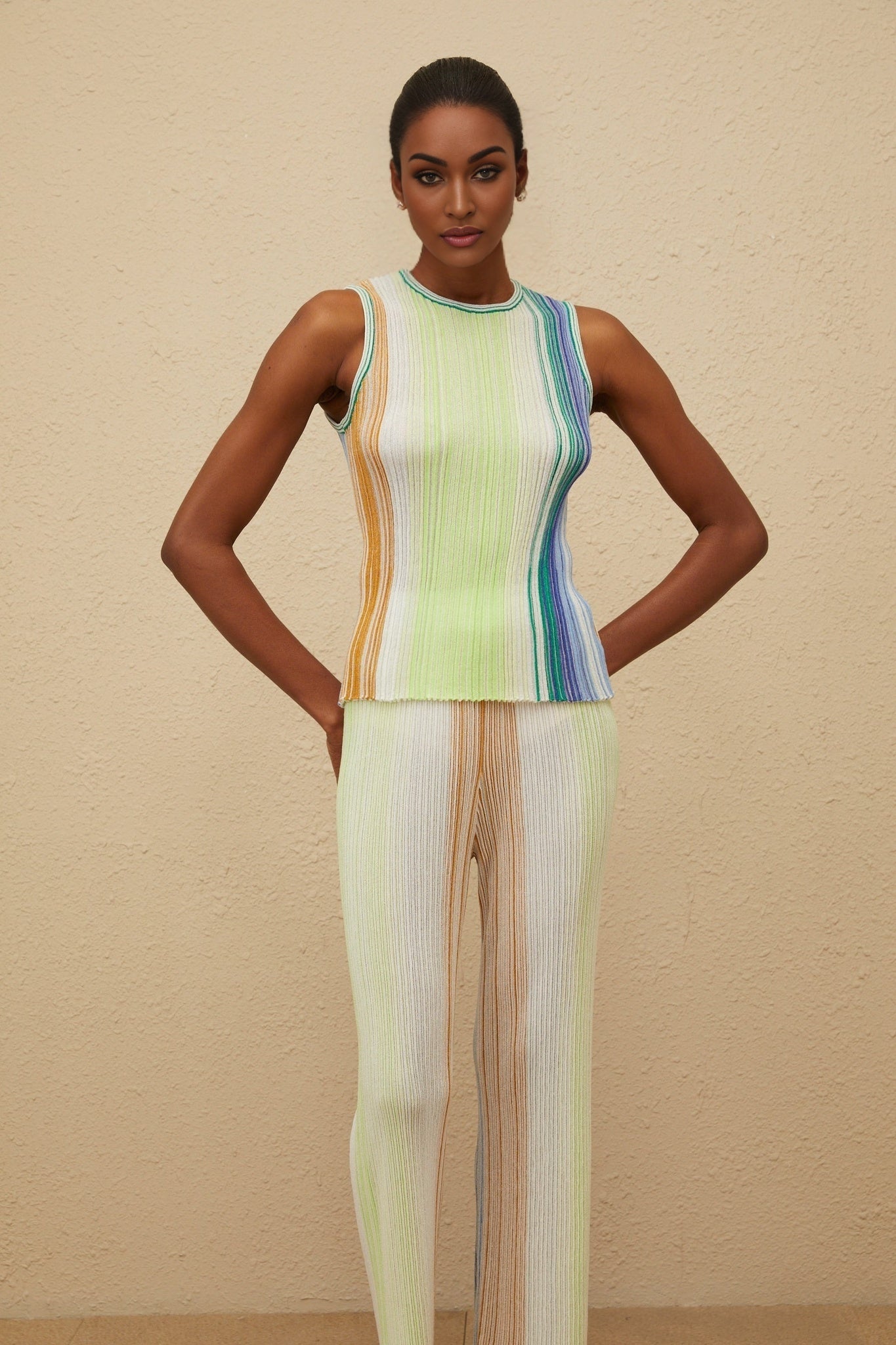 Green and Multicolor Knitted Sleeveless Top and Wide Leg Trousers with Metallic Threading and Glitter Detailing