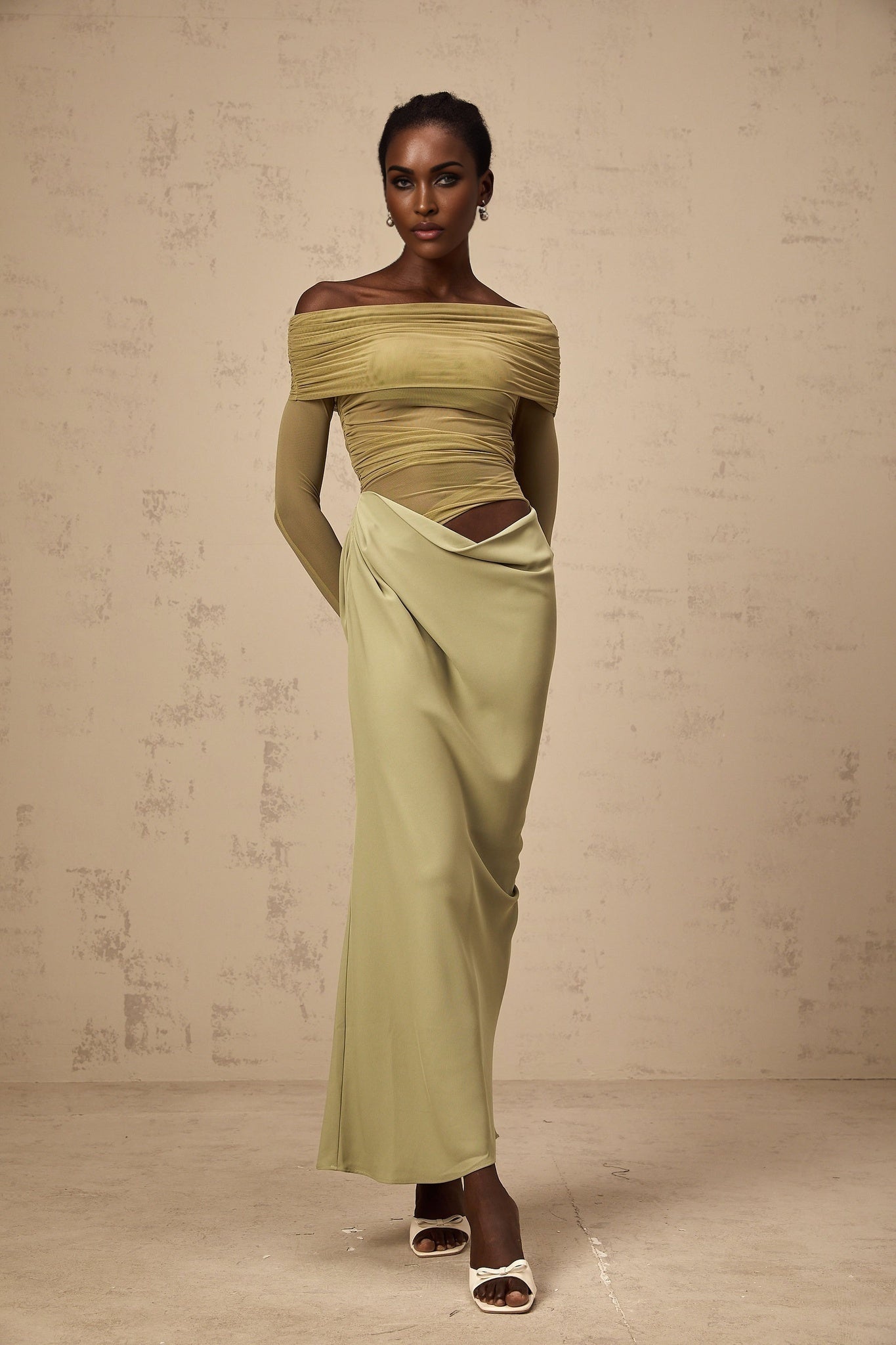 Green off shoulder midi dress with semi sheer fabric