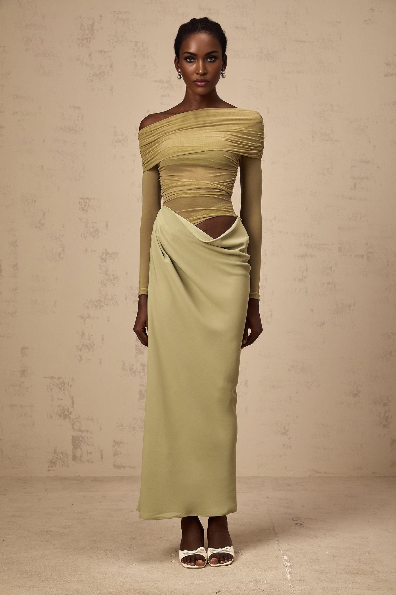 Green off shoulder semi sheer midi dress with a flowing silhouette