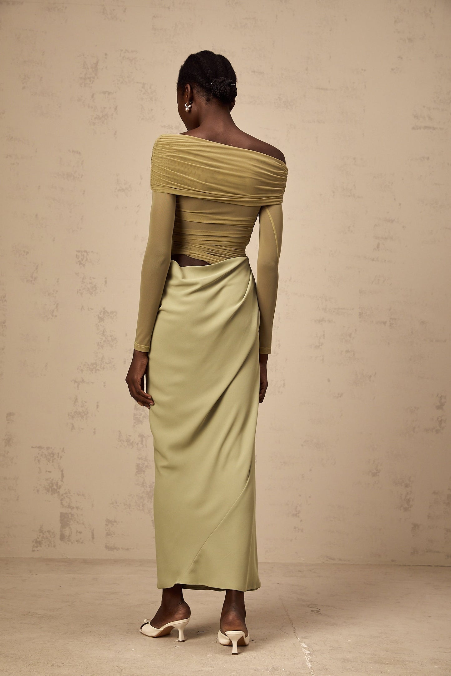 Green offshoulder midi dress with semisheer fabric named Estelle