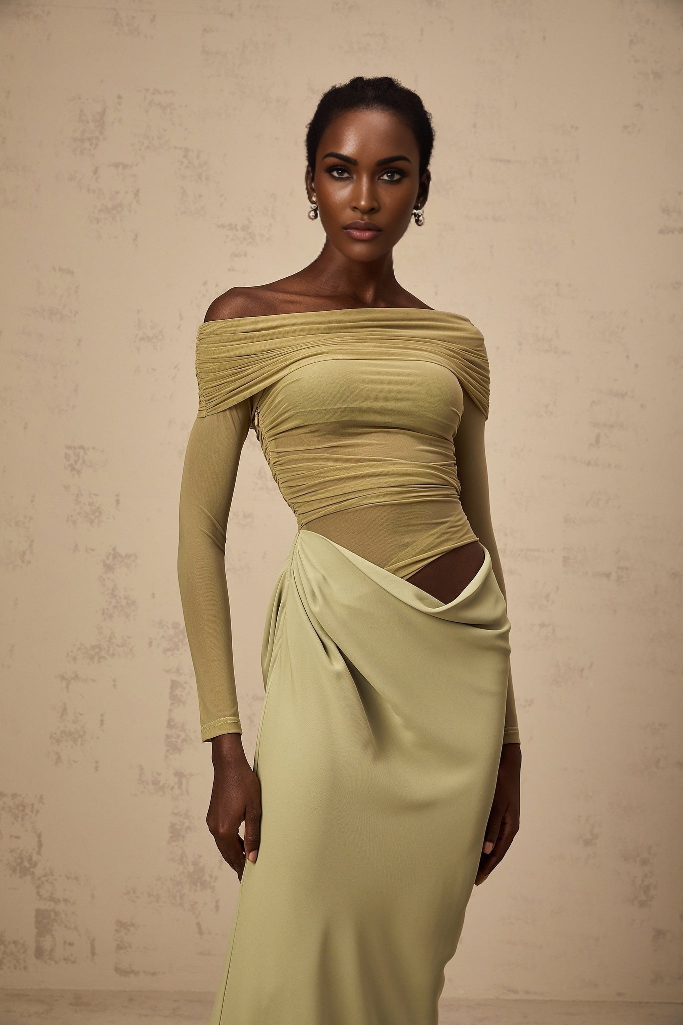 Green offshoulder midi dress with semisheer fabric named Estelle