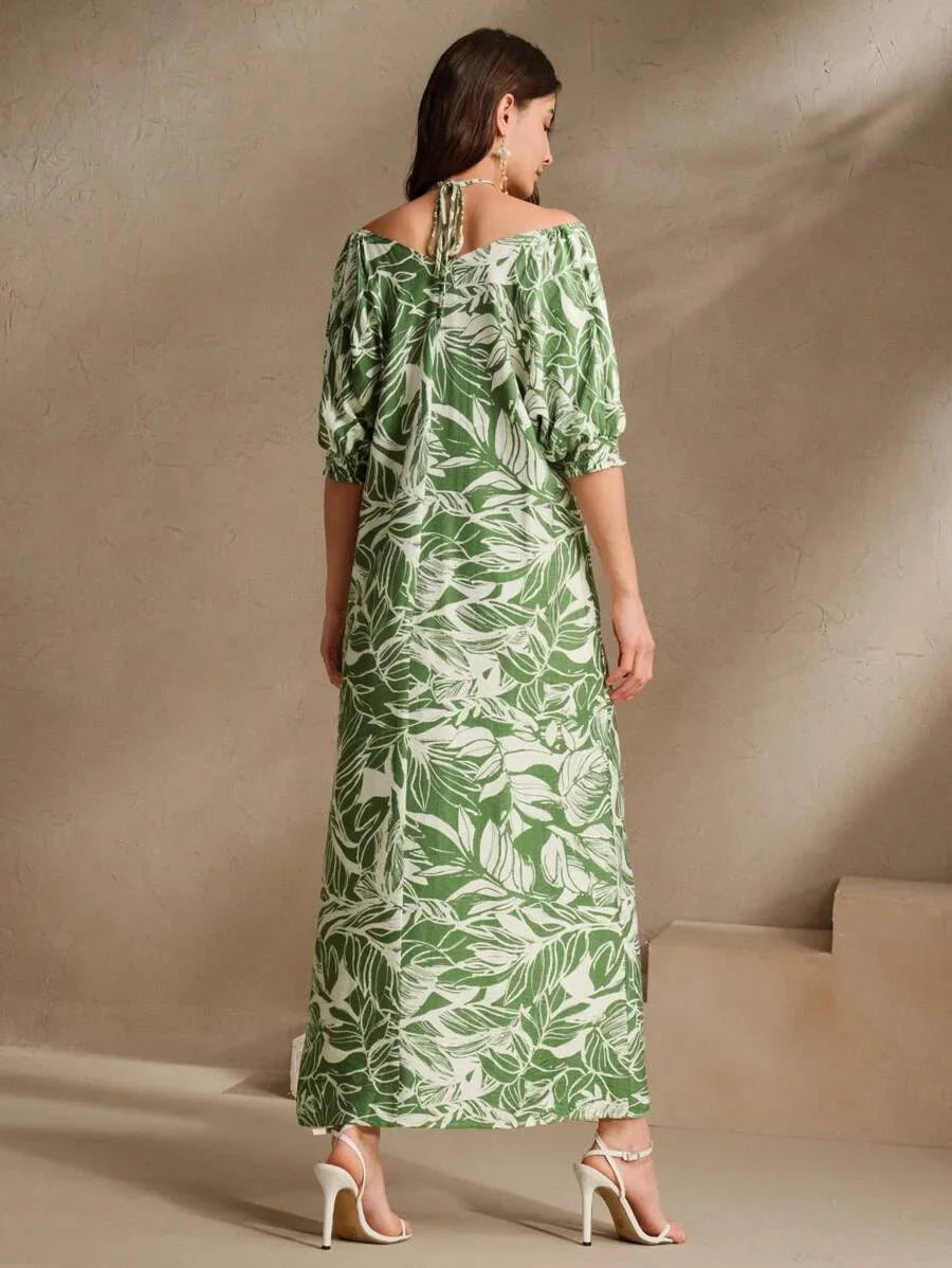 Green Plant amp Floral Print Loose Halter Backless Dress Elegant amp Suitable For Beach Festival