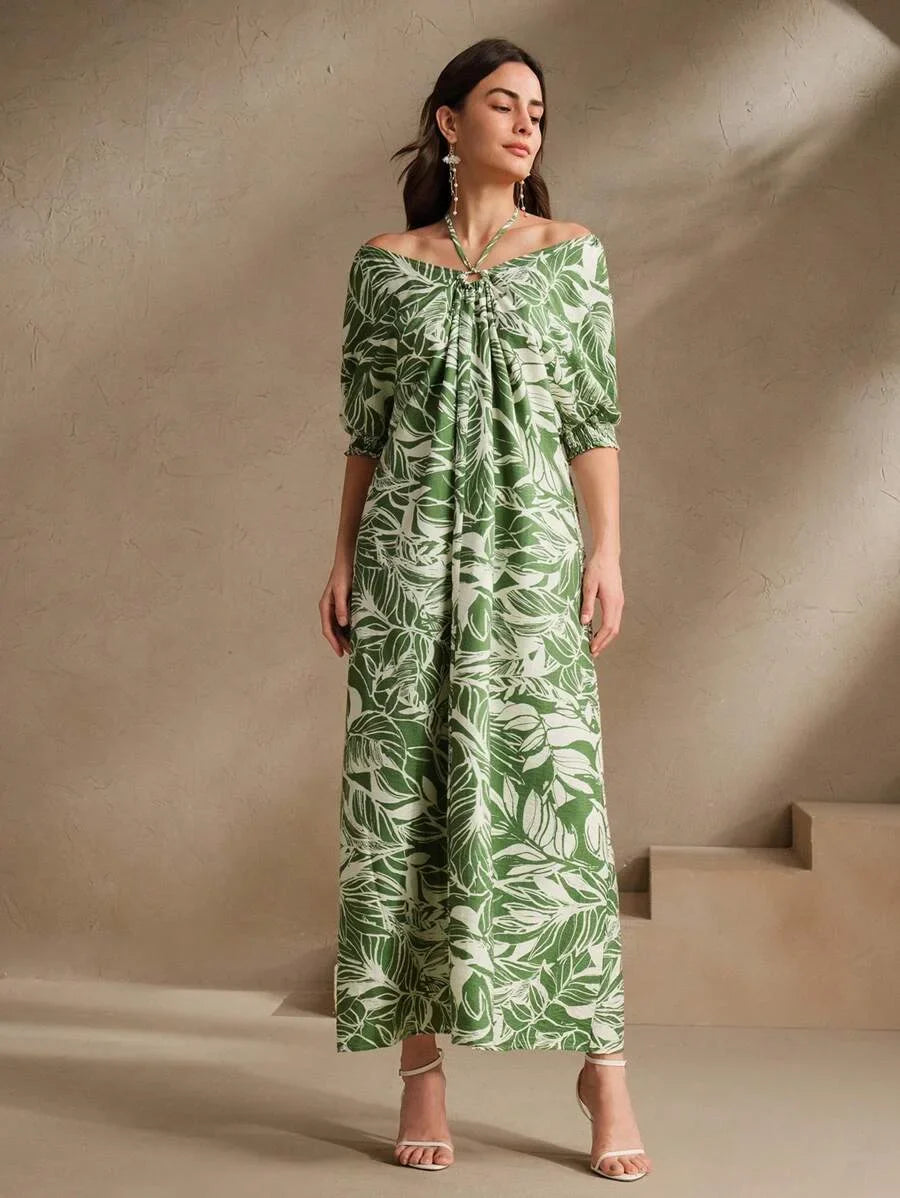 Green Plant amp Floral Print Loose Halter Backless Dress Elegant amp Suitable For Beach Festival