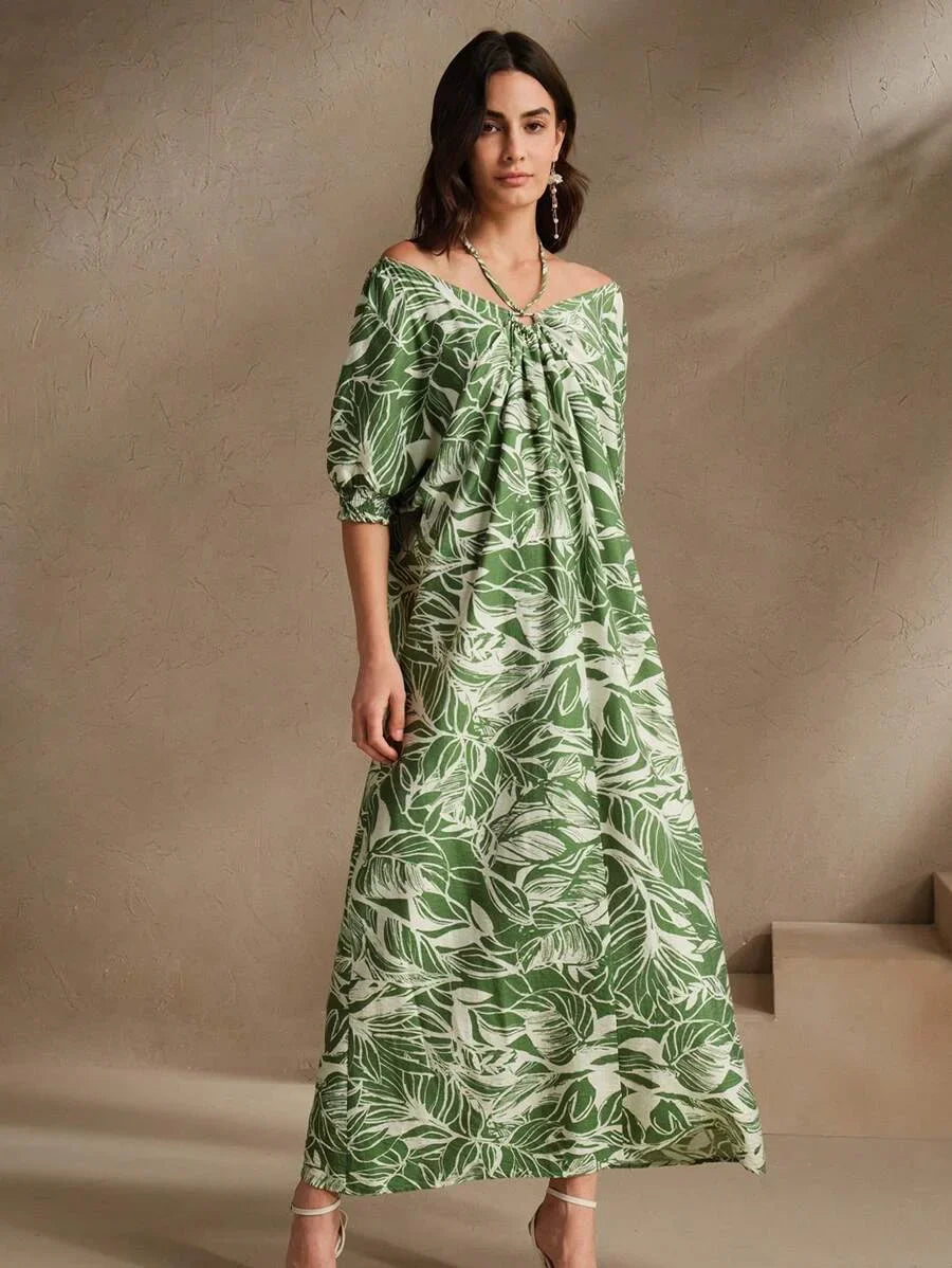 Green Plant amp Floral Print Loose Halter Backless Dress Elegant amp Suitable For Beach Festival