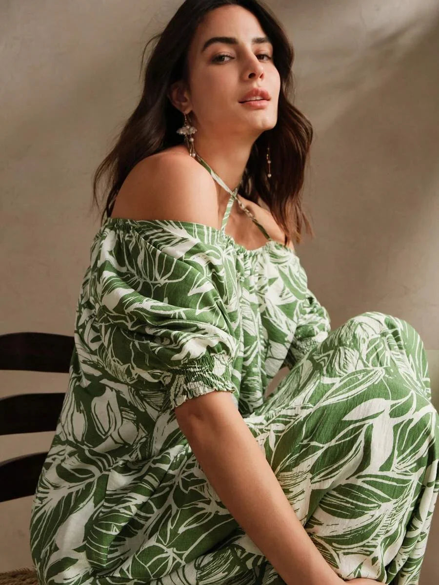 Green Plant amp Floral Print Loose Halter Backless Dress Elegant amp Suitable For Beach Festival