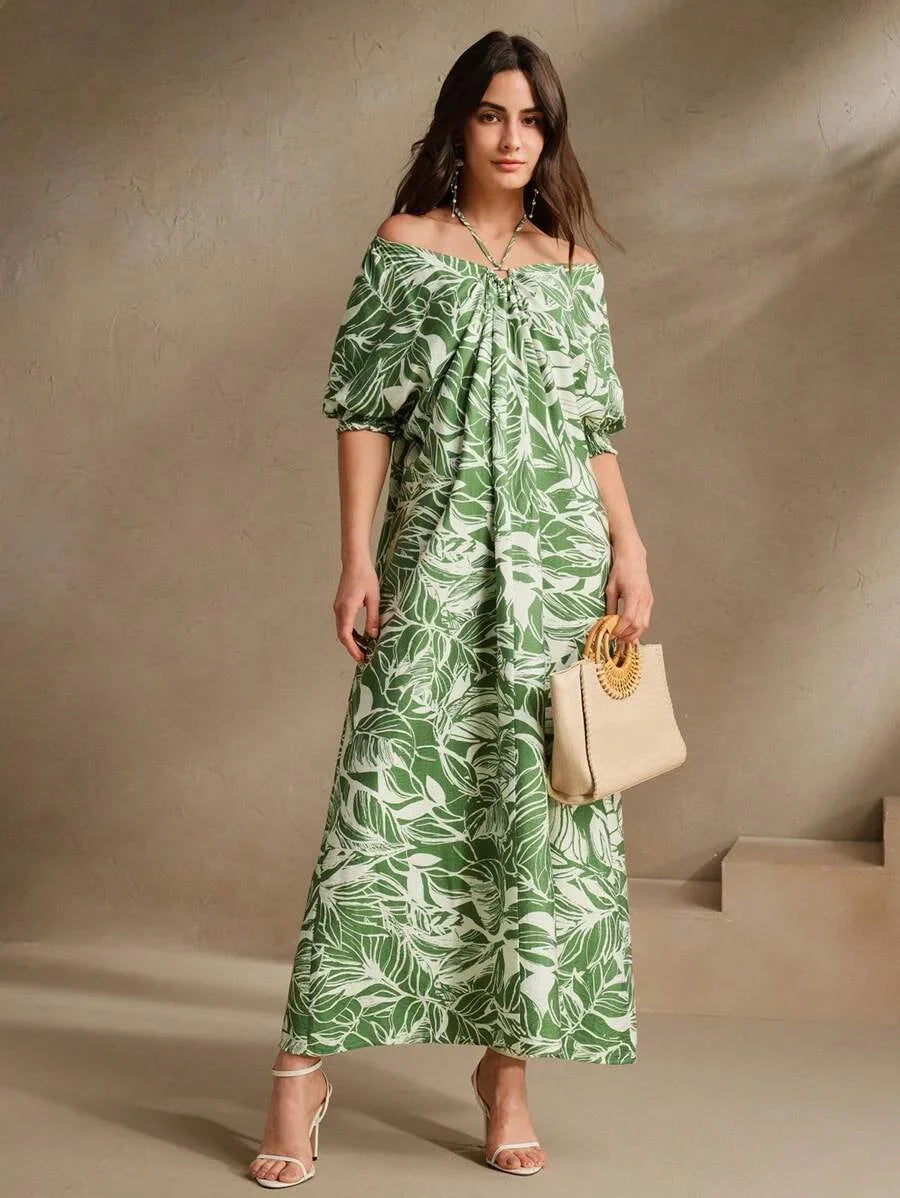 Green Plant amp Floral Print Loose Halter Backless Dress Elegant amp Suitable For Beach Festival