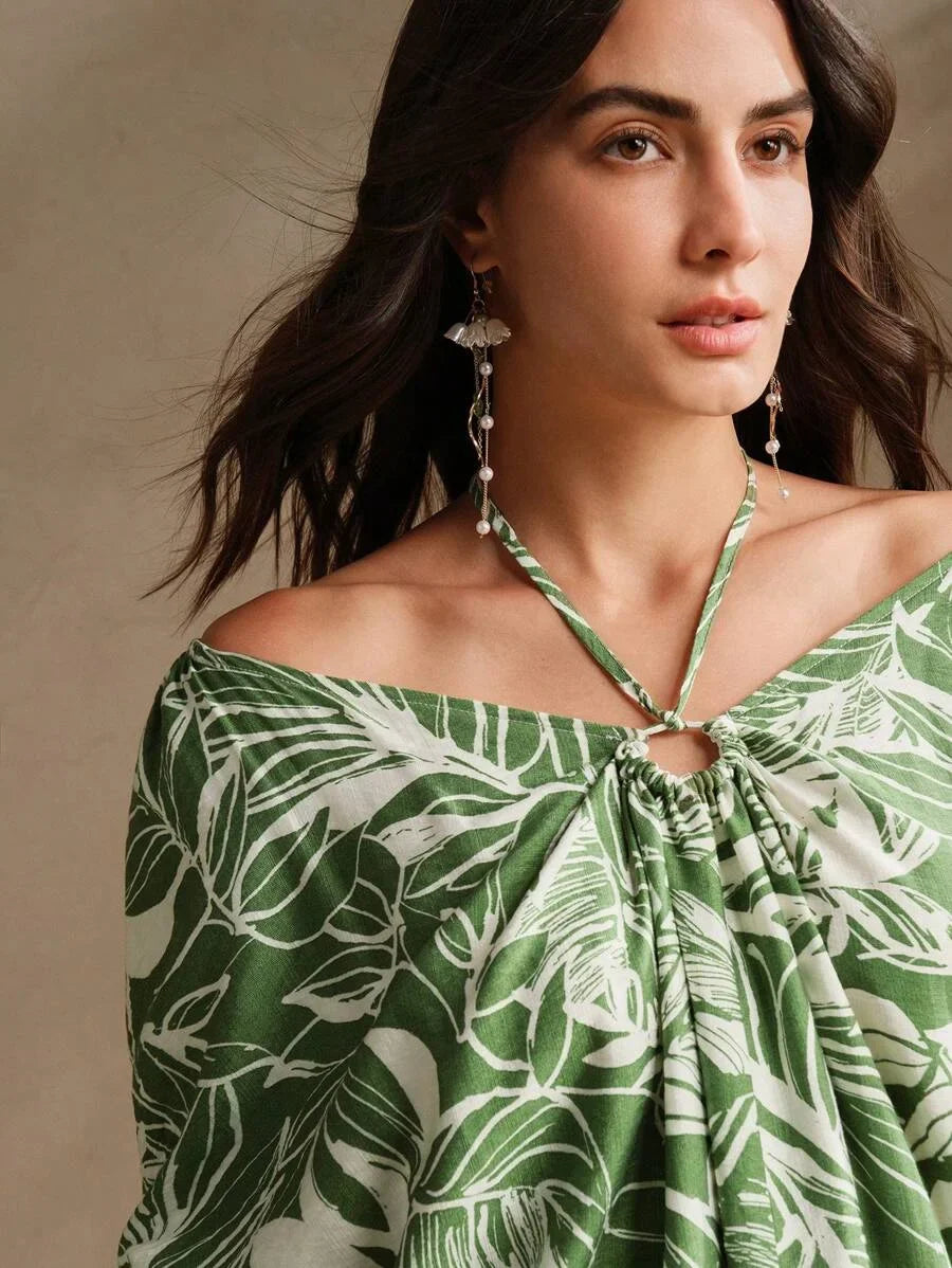 Green Plant amp Floral Print Loose Halter Backless Dress Elegant amp Suitable For Beach Festival