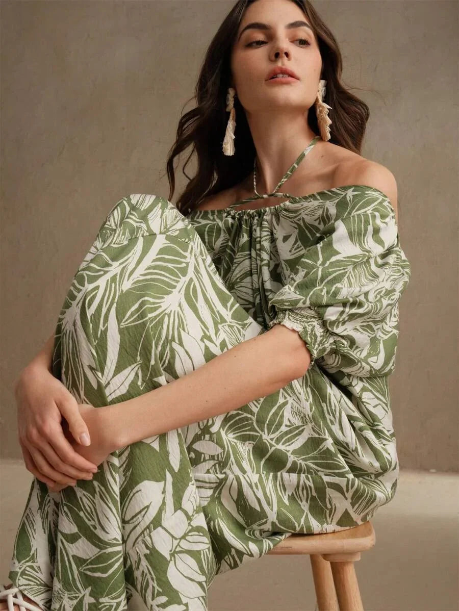 Green Plant amp Floral Print Loose Halter Backless Dress Elegant amp Suitable For Beach Festival