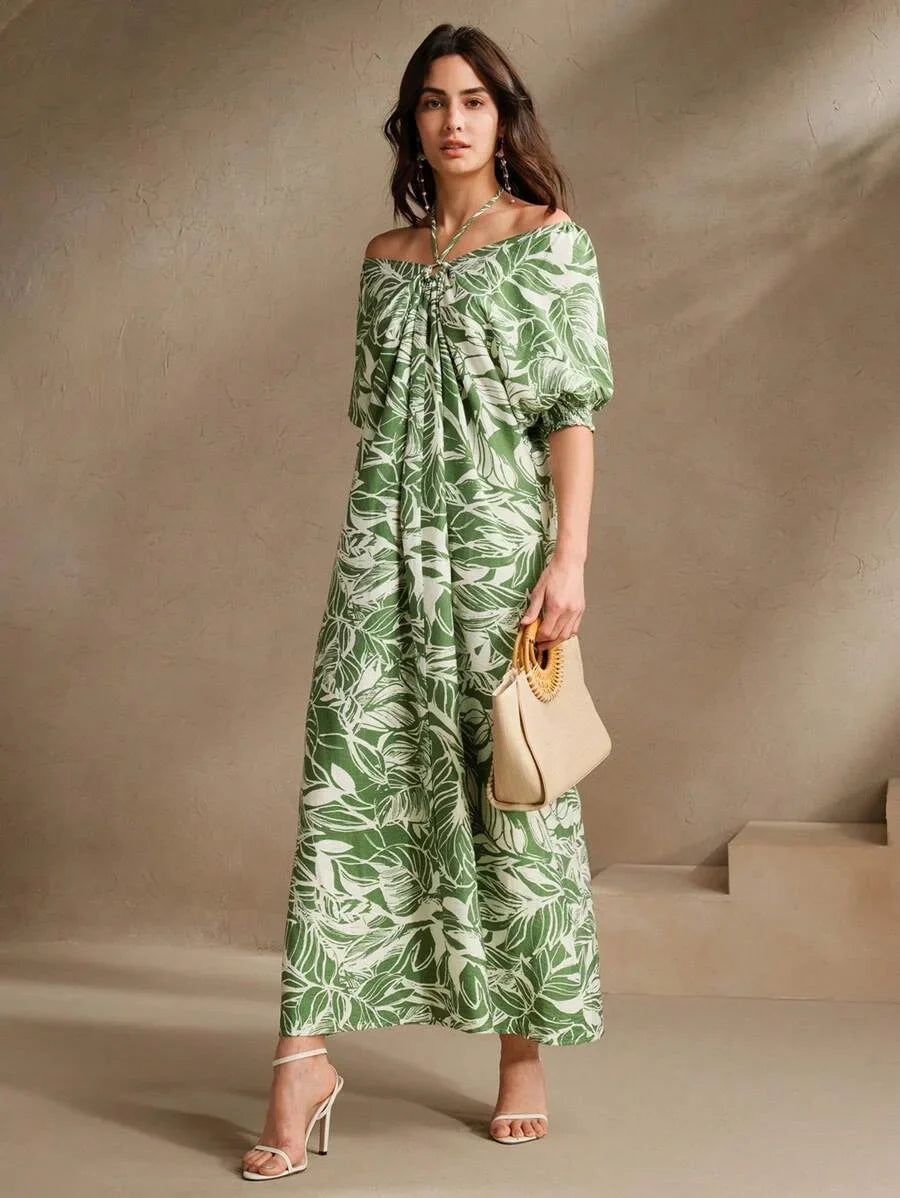 Green Plant amp Floral Print Loose Halter Backless Dress Elegant amp Suitable For Beach Festival