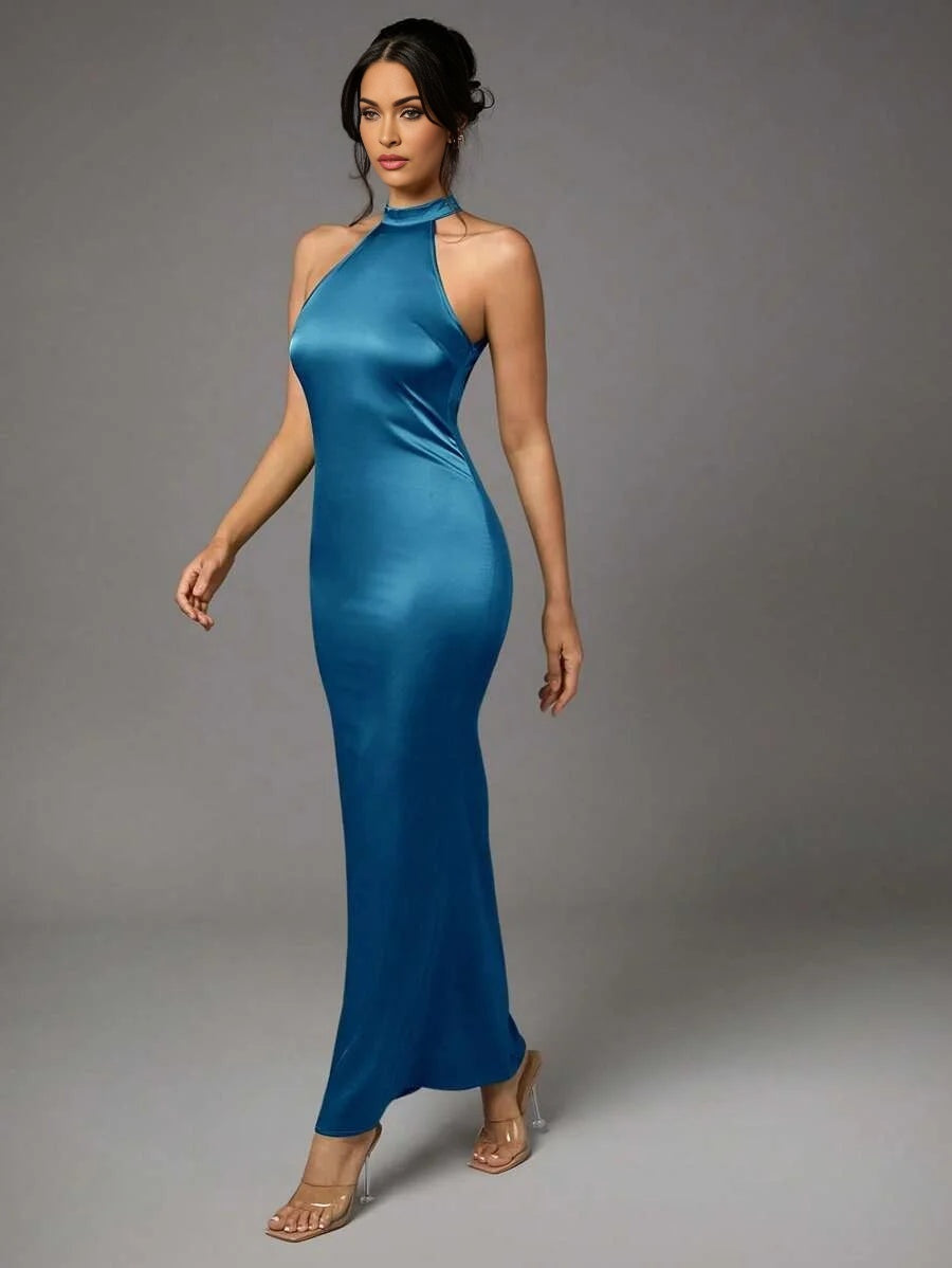 Green Satin Sexy Backless Long Fishtail Dress Summer Clothes Halter Neck Womens Dress