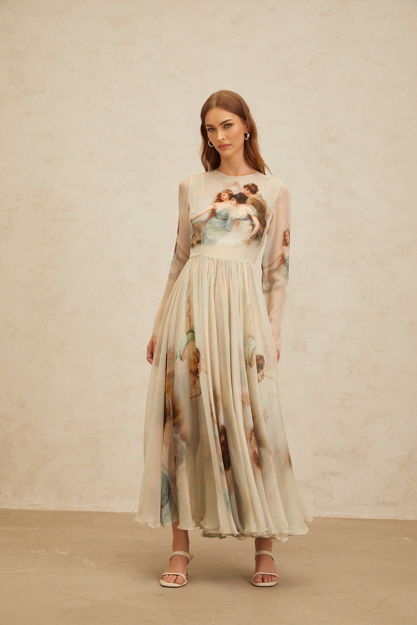 Green Silk Maxi Dress with Graphic Print and Scarf Design