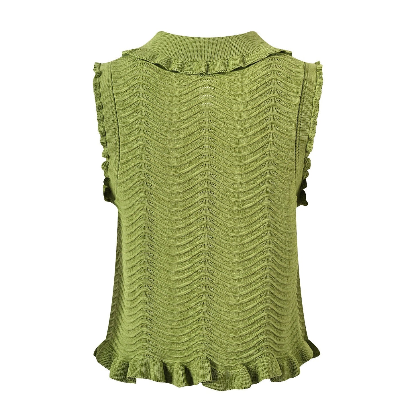 Green sleeveless top with ruffled edges and textured wave pattern