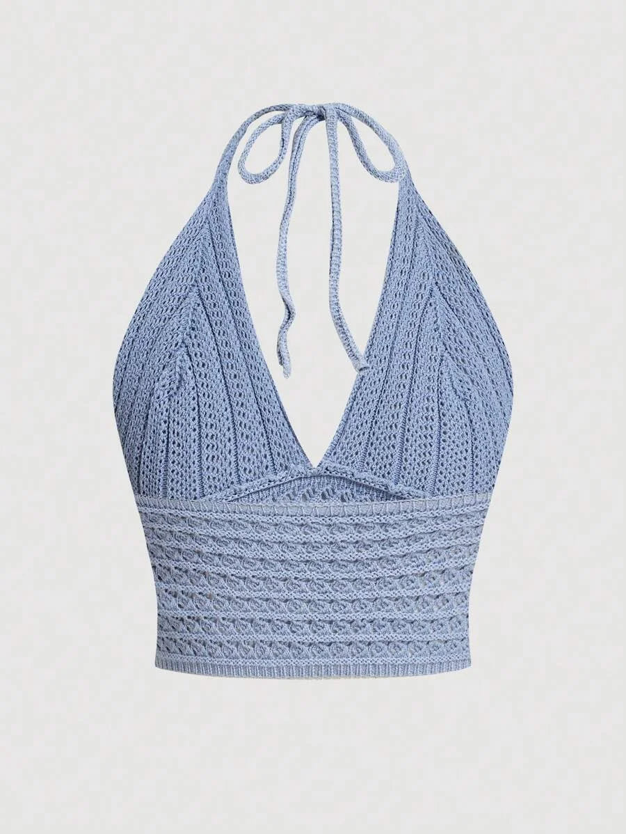 Halter Neck Cinched Waist Elegant Music Festival Women Knitted Blouse