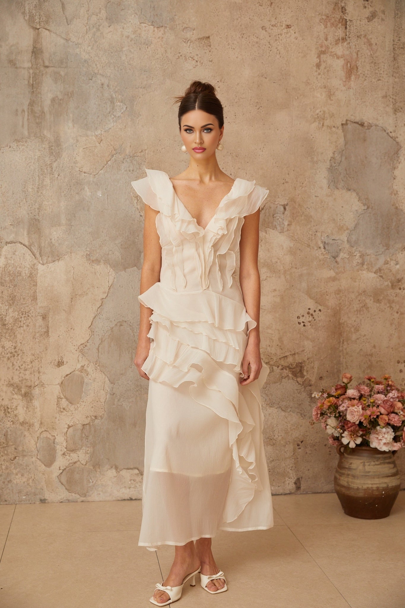 Hélène fauxflower layered ruffled maxi dress