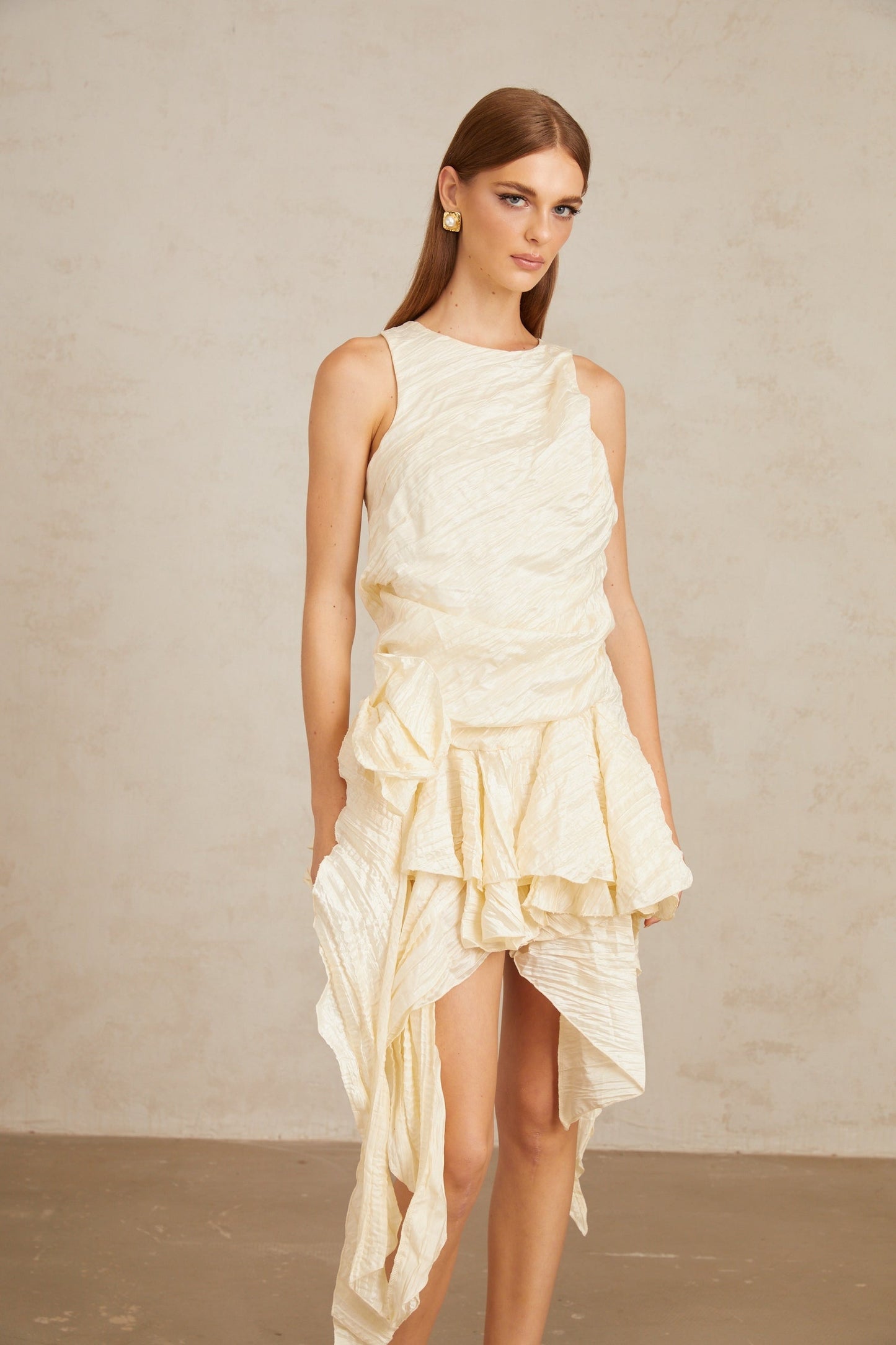 Helka Neutral Creased Asymmetrical Floral Mini Dress