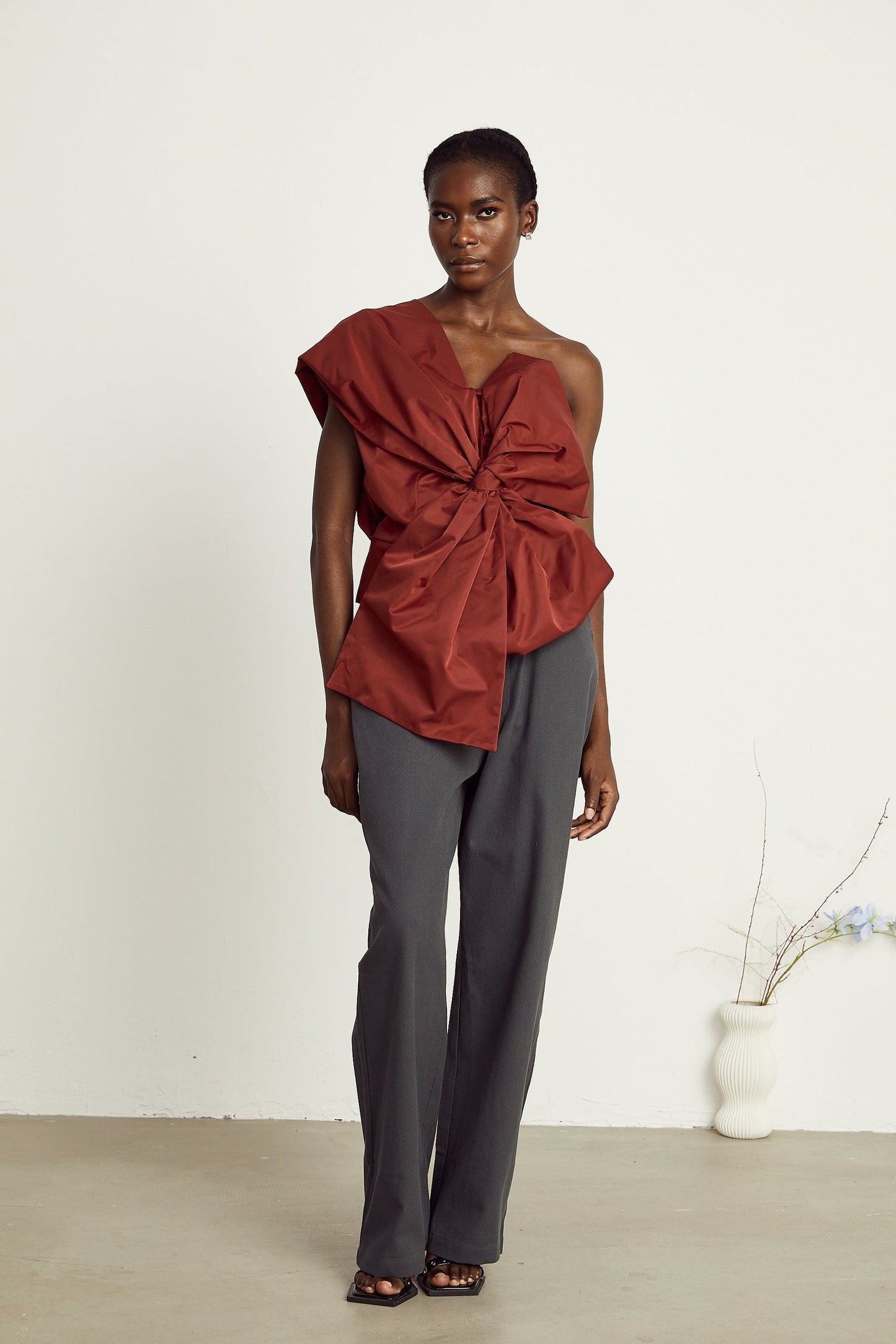 Hermine red bowdetail asymmetric top