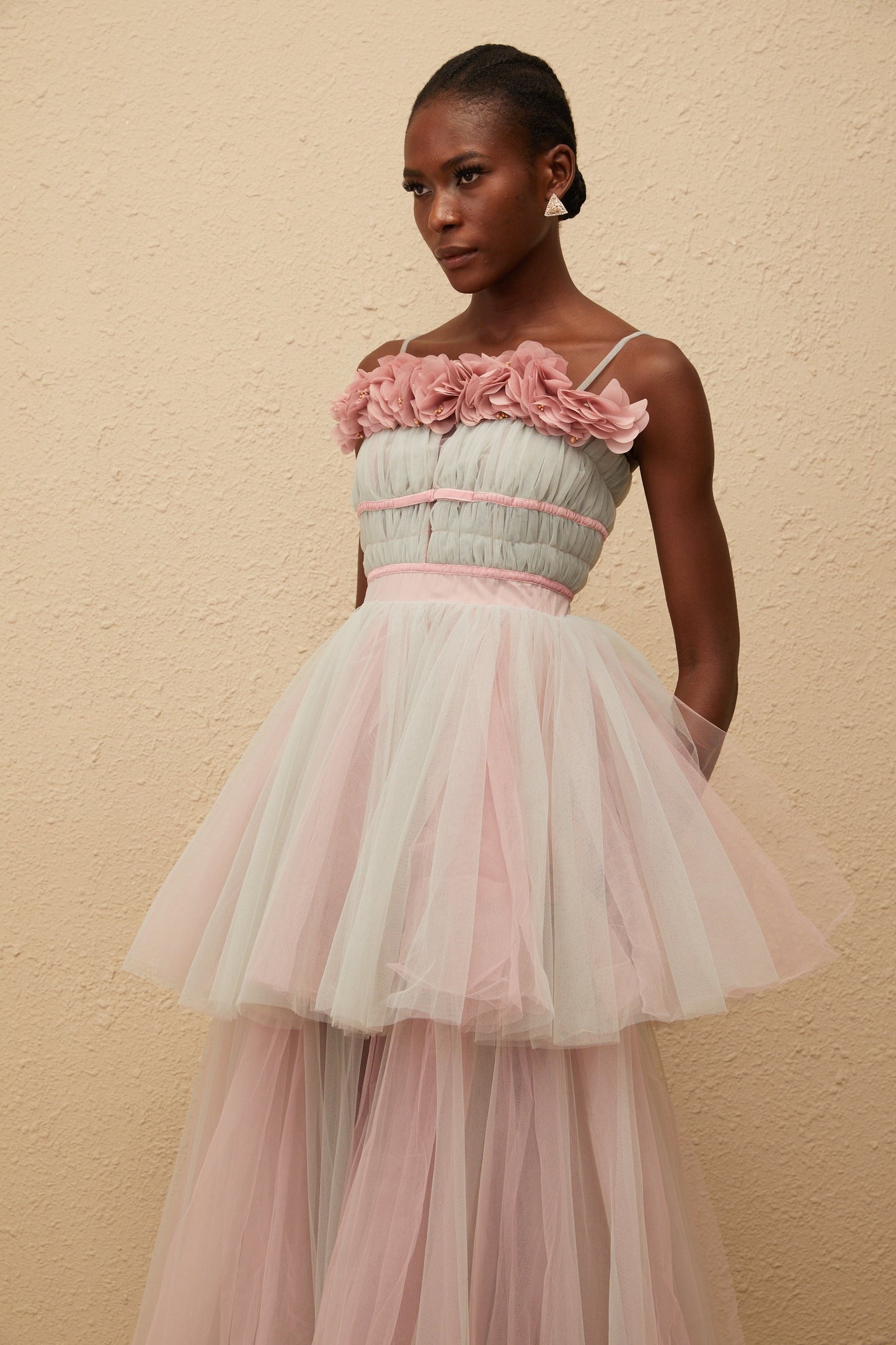 Hermione Grey 3D Petal Tulle Maxi Dress