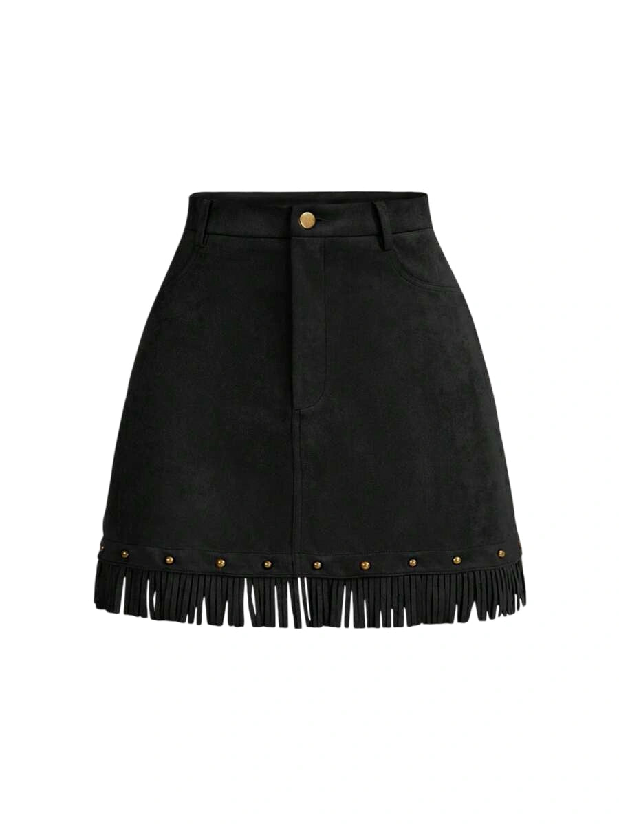 High Waist ALine Faux Suede Fringed Hem Skirt