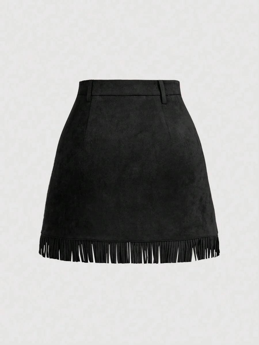 High Waist ALine Faux Suede Fringed Hem Skirt