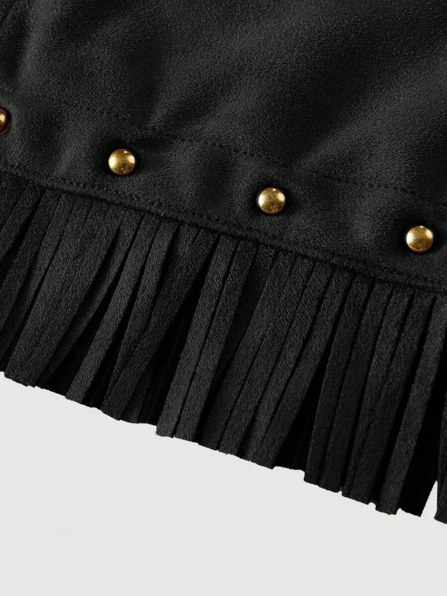 High Waist ALine Faux Suede Fringed Hem Skirt