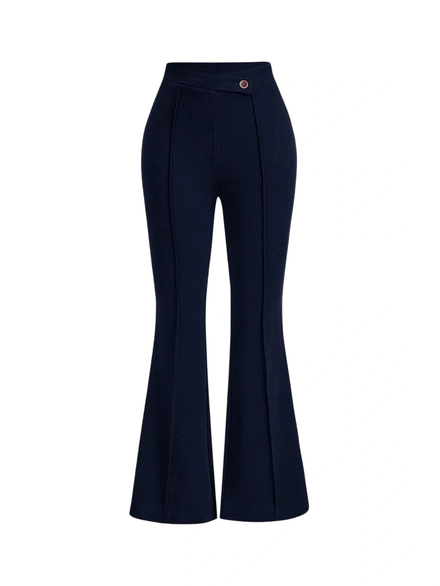 High Waist Flare Leg Navy Toothpick Pleats Pants