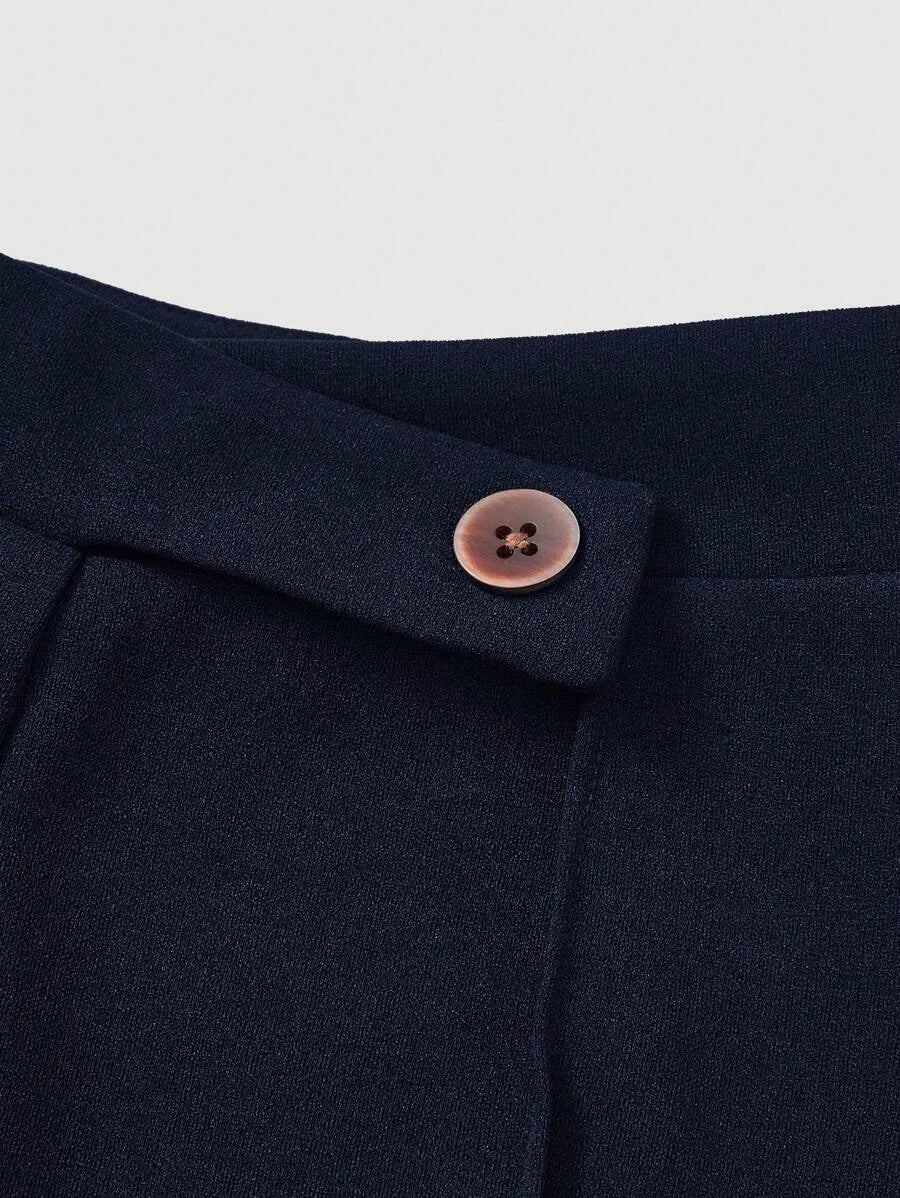 High Waist Flare Leg Navy Toothpick Pleats Pants