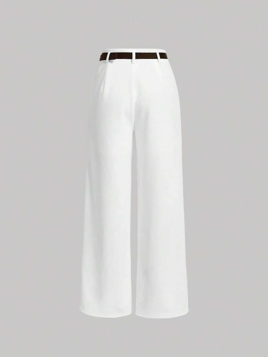 High Waist Pleats At Waist Plicated Detail Straight Leg Belted Dress Pants With Belt